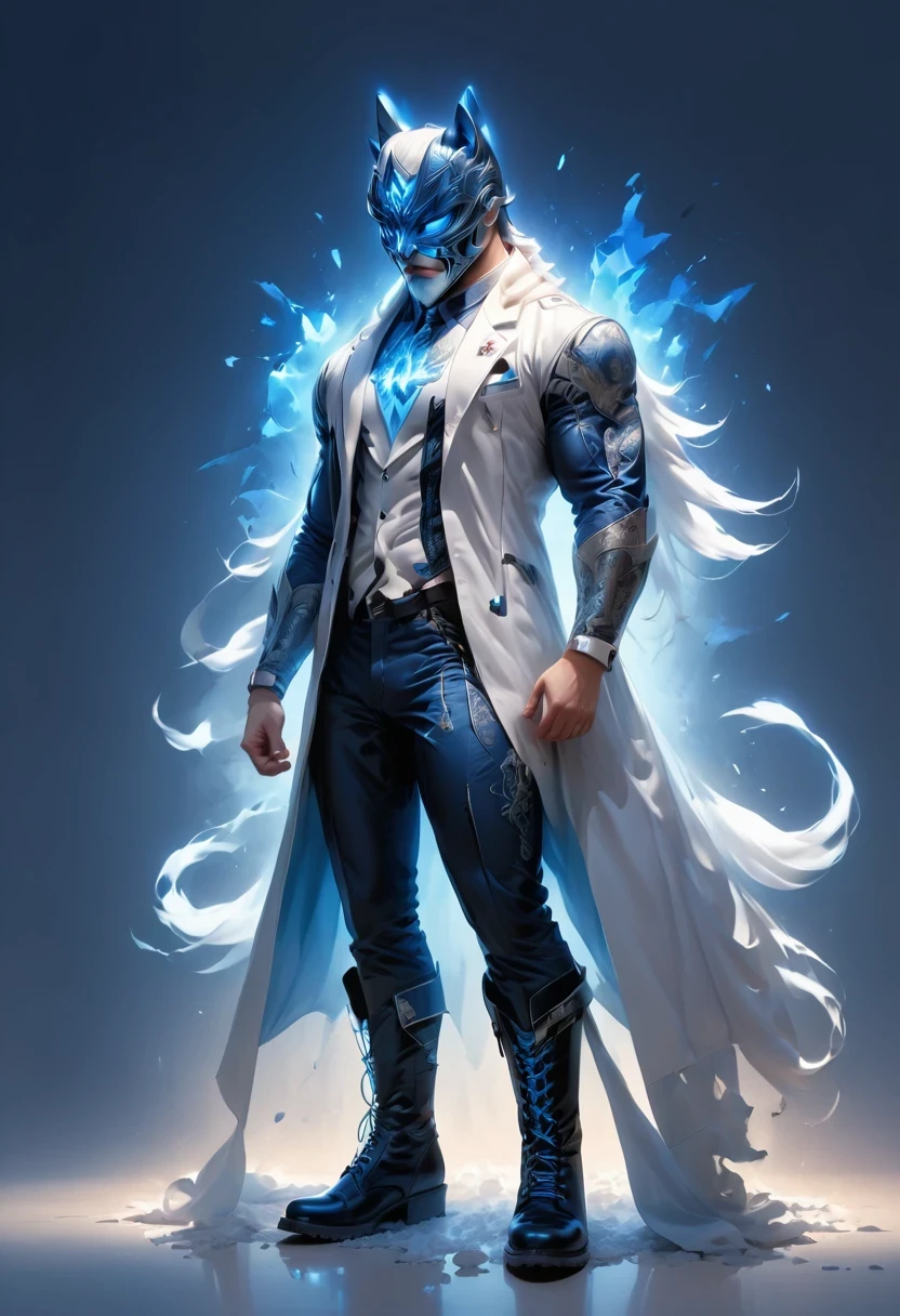 personal, white body, muscle, , Serious expression, frown ，(doctor clothing,, White mask, blue, white boots, black pattern: 1.2), wolf tail, wolf ears, ((broken to pieces)), (indoor: 1.35), incandescent indoor lighting, , shadow (particle, soft light, white glow): 1.3, white coat, anatomically correct, Simple background, cartoon, Warm colors, soft lines