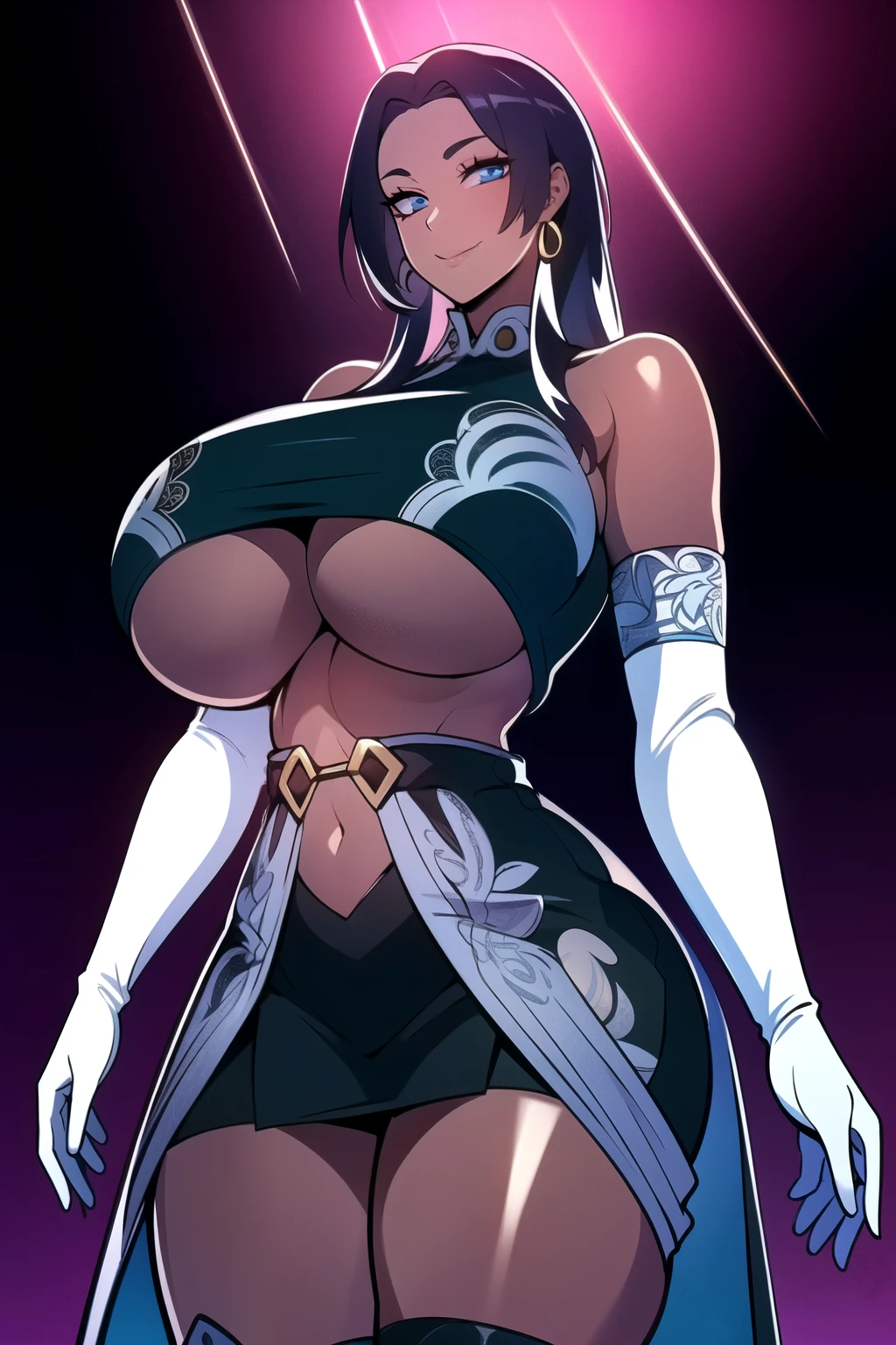 ultra realistic 8k cg, masterpiece, (( intricate detail, highly detailed, fine details best quality, hyperdetailed face)), gigantic breasts ,beautiful lighting, absurdres, BoaHancockV2,  1girl, solo, black hair, long hair, jewelry, closed mouth, ), (chinese dress, (underboob : 1.4), elbow gloves, thigh boots, split skirt, bare shoulders, curvy, midriff, curvy, thighs, shiny clothes), blue eyes, (complex detailed background, inside, luxury palace), ((cowboy shot)), curvy, (gigantic breasts: 1.1), seductive smile, cowboy shot, (dark skin :1.1)