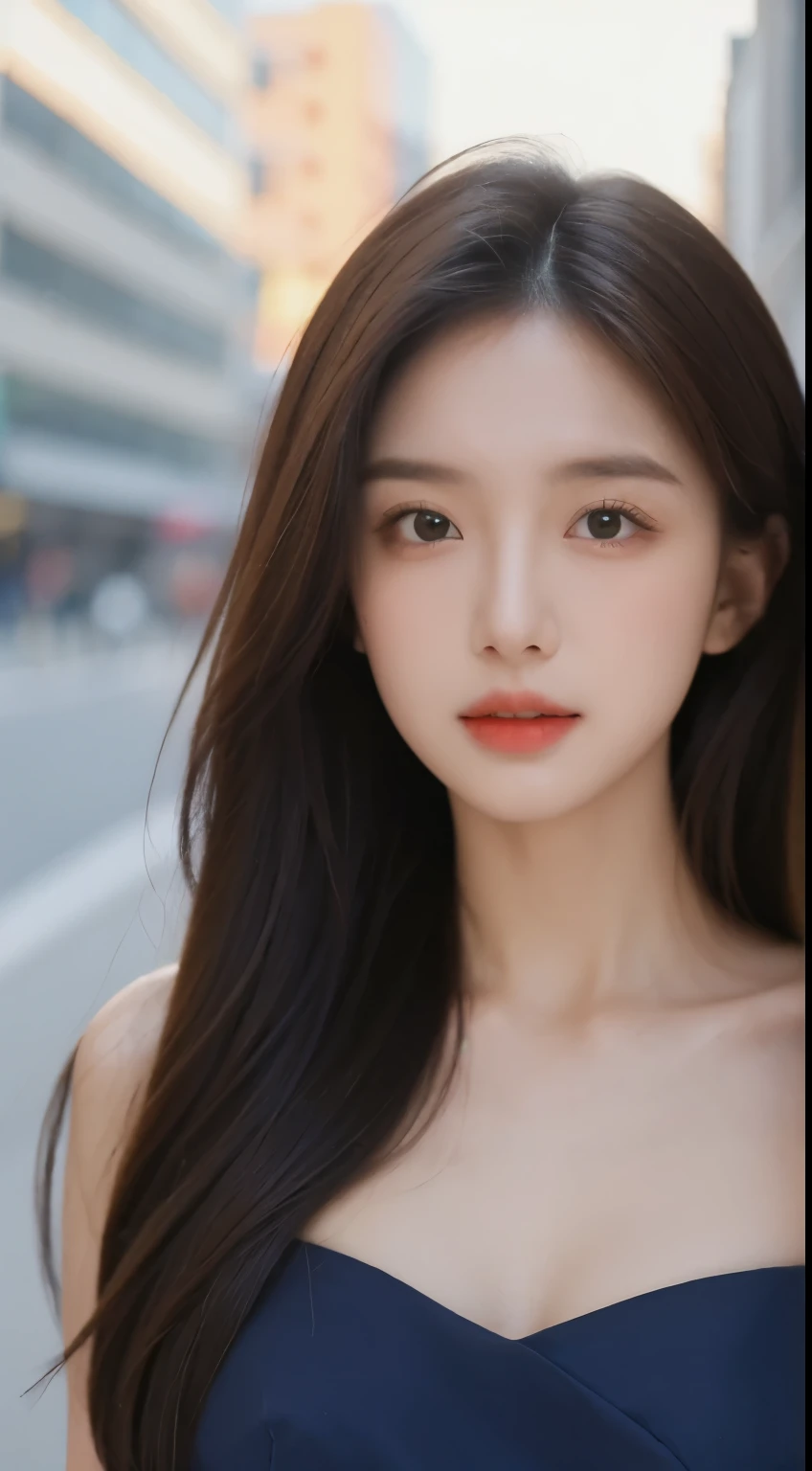 ((Best Quality, 8K, Masterpiece:1.3)), Focus: 1.2, Perfect Body Beauty: 1.4, (Street:1.3), Bandeau Dress: 1.1, Highly Detailed Face and Skin Texture, Delicate Eyes, Double Eyelids, Whitened Skin, Long Hair, perfect eyes, super fine eyes, very detailed eyes, super fine mouth, perfect mouth, very detailed mouth, perfect face, super fine face, very detailed face, perfect body, super model, super idol, beautiful girl, long hair, brown eyes, g cup breast, muscular