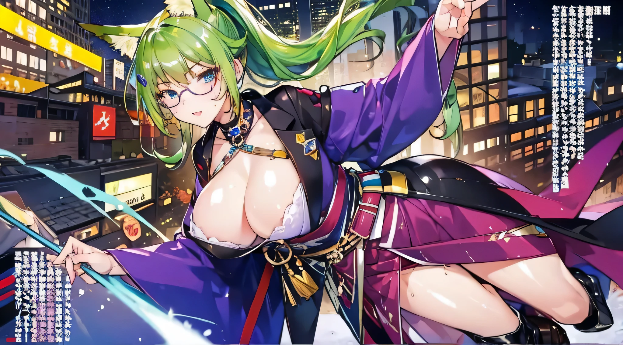 masterpiece、highest quality、NSFW、1girl , solo , huge breasts、deep cleavage、light green hair、ponytail、fox ears、brightly colored eyes、blue eyes、black glasses、green kimono、light purple long hakama、brown leather jacket、leather boots、flashy necklace、charm、Wet、face turns red, very sweaty, dynamic pose 、Night city seen from the window