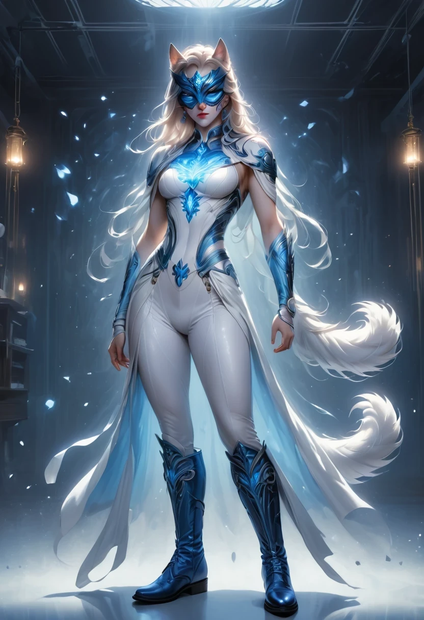 personal, white body, muscle, , Serious expression, frown ,(doctor clothing,, White mask, blue, white boots, black pattern: 1.2), wolf tail, wolf ears, ((broken to pieces)), (indoor: 1.35), incandescent indoor lighting, , shadow (particle, soft light, white glow): 1.3, white coat, anatomically correct, Simple background, cartoon, Warm colors, soft lines