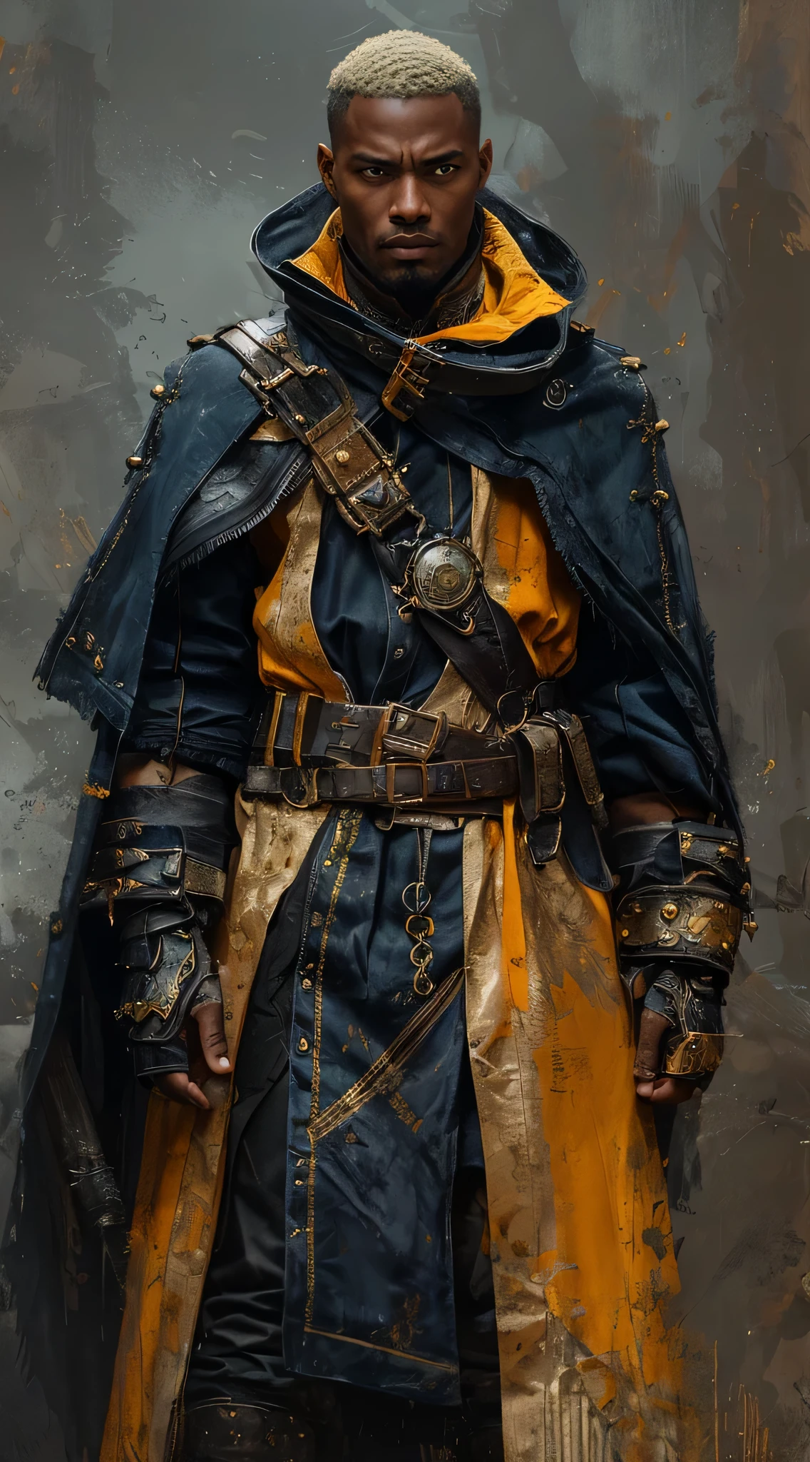 (best quality, masterpiece:1.2), Hyper-Realistic, an action fighting scene of young black man street brawler, dark grey mist around him, short blonde hair, dark blue and tan coat, no eyes, futuristic, black skin, steampunk, monk, hero, dark gold, 35mm, vascular, action scene, character portrait, photorealistic, hyperrealistic character design, full body, full body realistic character design photo, steampunk, badass god, illustration, fight scene, fighting, hero fighting, post grunge, concept art by Anders Zorn and Richard Schmid and Jeremy Mann, by james jean, Victo ngai, David Rubin, Mike Mignola, Laurie Greasley, highly detailed, sharp focus, Trending on Artstation, HQ, deviantart, art by artgerm, colorful