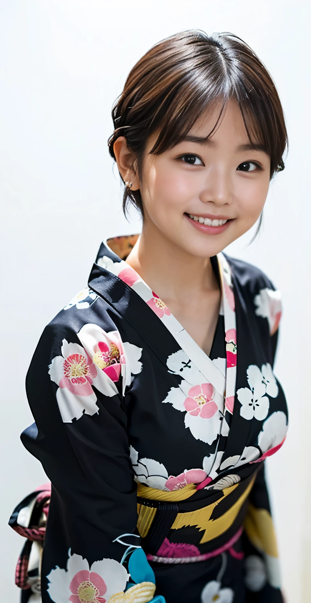 （8K、Raw photography、highest quality、masterpiece：1.2),(black haired、very short hair:1.8),(twin mitsu braid:1.4)、show viewer,Looking at the front,erotic,white skin,(She is wearing a brightly colored yukata with a colorful floral pattern. 。.:1.7)、()、(Clothing that emphasizes the shape of your chest、exposing skin:1.8)、(big breasts :1.7)、slim body shape、ultra high resolution,beautiful,beautiful fece,(alone、no background:1.9),whole bodyボディー,japanese woman,（Photoreal：1.37）、photon mapping,reality、(-faced and cute: 1.3)、(cute smile: 1.7)、(With a round face: 1.7)、radio city、Physically based rendering、depth of field rally background、photograph, (I can see your knees、spread your legs wide、close up of thighs:1.5),whole body、super fine
