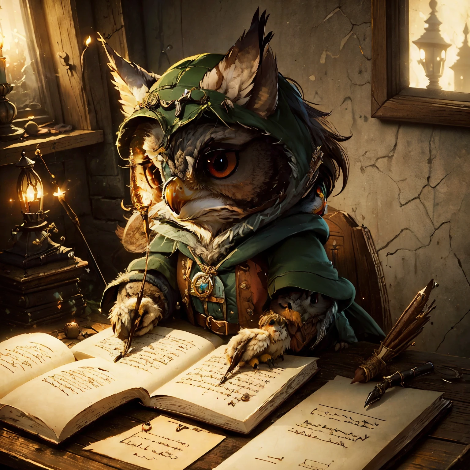 (masterpiece: 1.4), cute cartoon, 1 fantasy rogue owl, writing a book on a desk in a dark room (no light), one candle on desk