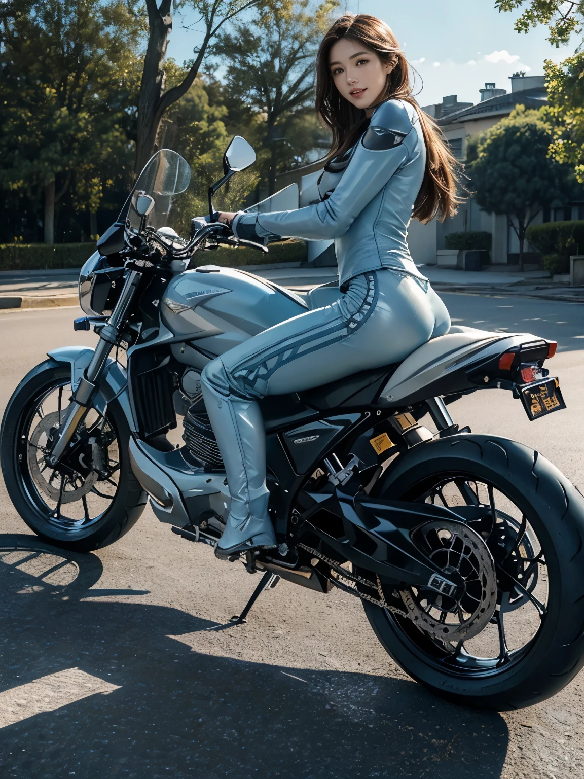 (realistic:1.5), 8K, Ultra-high definition beauty, 1 female, 30 years old, (a sunny day:1.5), intricate body details, (highest quality: 1.0), (Super high sharpness: 1.0),(Beautiful and delicate depiction of eyes),((((riding a motorcycle)))),unreal engine:1.4,photorealistic:1.4, skin texture:1.4, masterpiece:1.8,highest quality at best,full body shot、slender body、(((Light blue riding leather suit and long pants)))、long limbs、smile