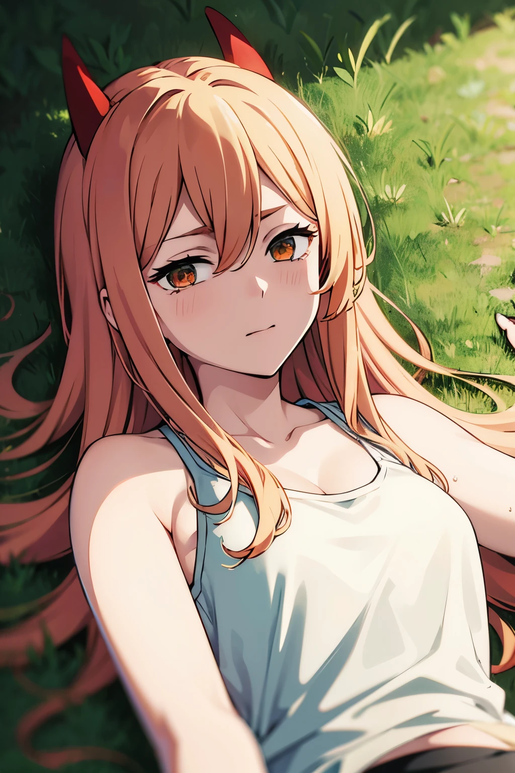 power, chainsawman anime, red horns, yellow hair, laying on the grass, white tank top