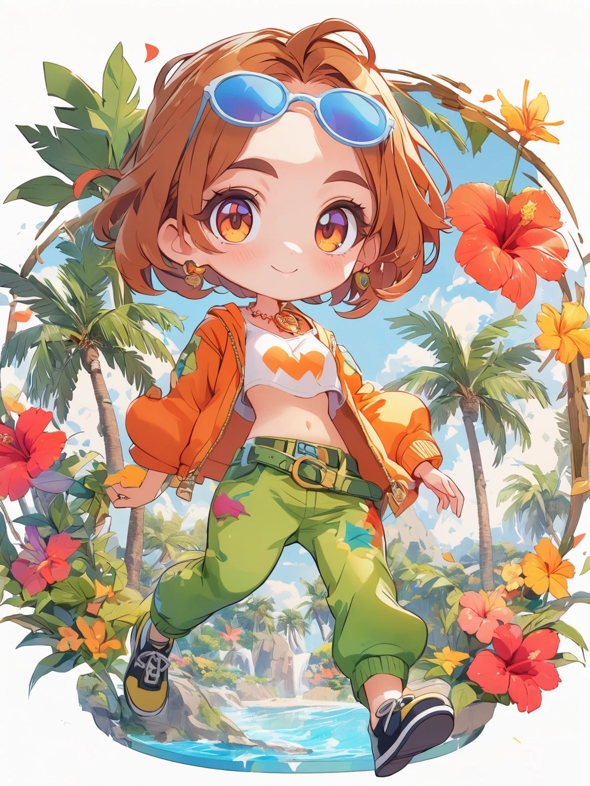 diy22,in a tropical or subtropical environment, A young woman is presented in a vibrant cartoon style. She wears a vibrant orange jacket and green pants, With blue and yellow stripes, Reminiscent of designs by Ronald Balfour. She wears a green belt and blue sunglasses, Adding to her playful look. There is a brown wooden pole behind her, There is a white ring on it. She stood among palm trees and other trees, Creating a peaceful and tropical atmosphere. The background of the image is vector art in cartoon style, Full of energy and colour. ,