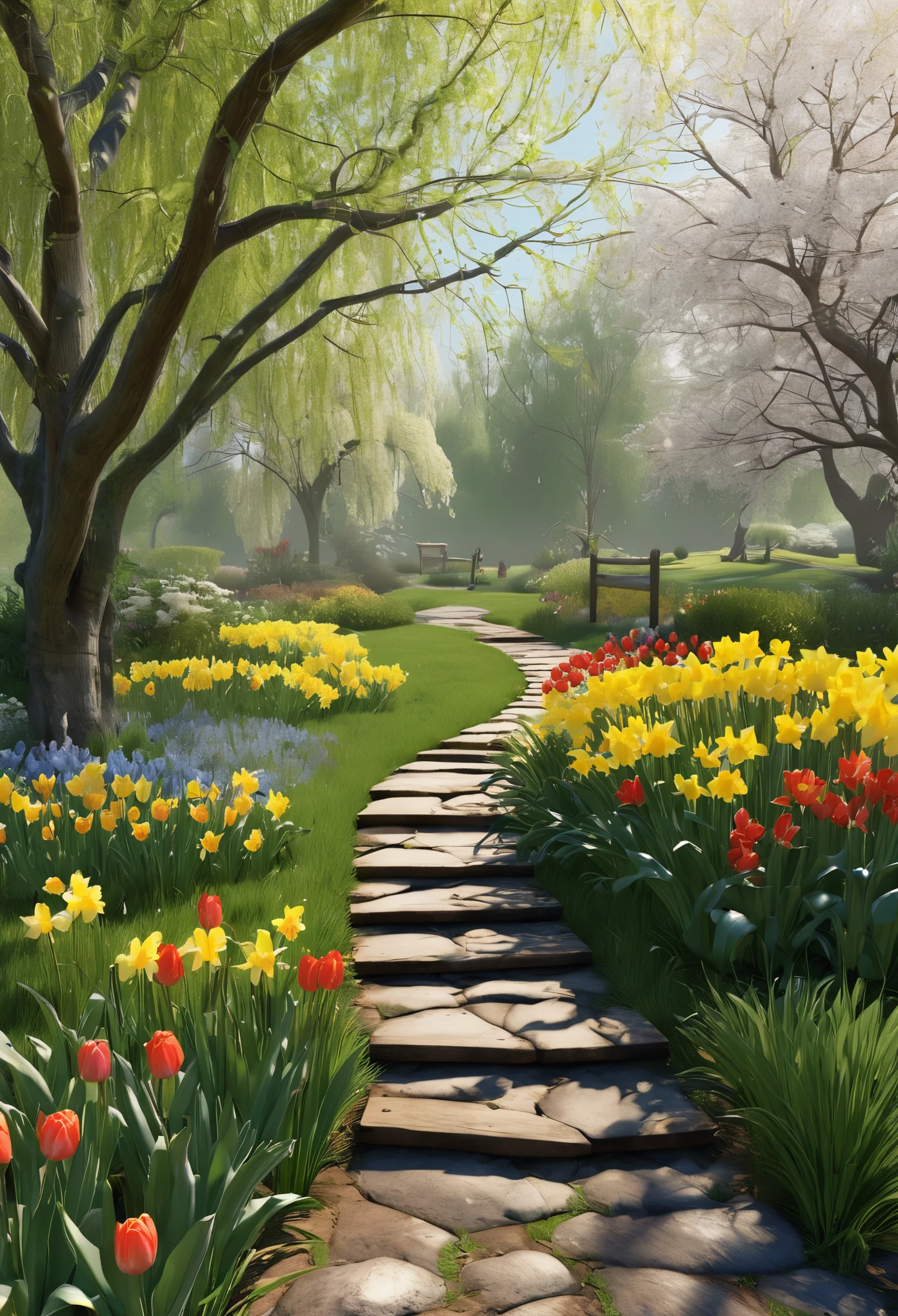 (best quality,4k,8k,highres,masterpiece:1.2),ultra-detailed,(realistic,photorealistic,photo-realistic:1.37),bright sunlit morning,refreshing spring breeze,colorful blooming flowers,golden rays of sunlight streaming through the branches,soft green grass and leaves,gentle chirping of birds,peaceful and serene atmosphere,delicate petals gently swaying in the wind,elegant butterflies fluttering around,quiet rustling of leaves,beautifully vibrant rainbow,splashes of colorful daffodils and tulips,dewdrops glistening on the petals,tranquil garden with stone path,small wooden bench nestled under an old willow tree,soft morning mist,joyful laughter echoing in the air,buds unfurling with new life,invigorating scent of blossoms,freshly brewed coffee aroma filling the air,clear blue sky with fluffy white clouds,occasional light drizzle adding a touch of romance,dancing shadows cast by the sunlight,water droplets on green blades of grass,whispering wind carrying the promise of a new day.