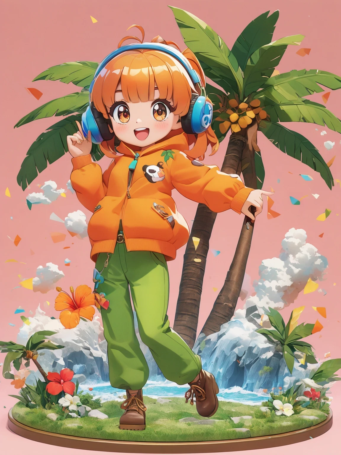 diy22,in a tropical or subtropical environment, A young woman is presented in a vibrant cartoon style. She wears a vibrant orange jacket and green pants, With blue and yellow stripes, Reminiscent of designs by Ronald Balfour. She wears a green belt and blue sunglasses, Adding to her playful look. There is a brown wooden pole behind her, There is a white ring on it. She stood among palm trees and other trees, Creating a peaceful and tropical atmosphere. The background of the image is vector art in cartoon style, Full of energy and colour. ,
