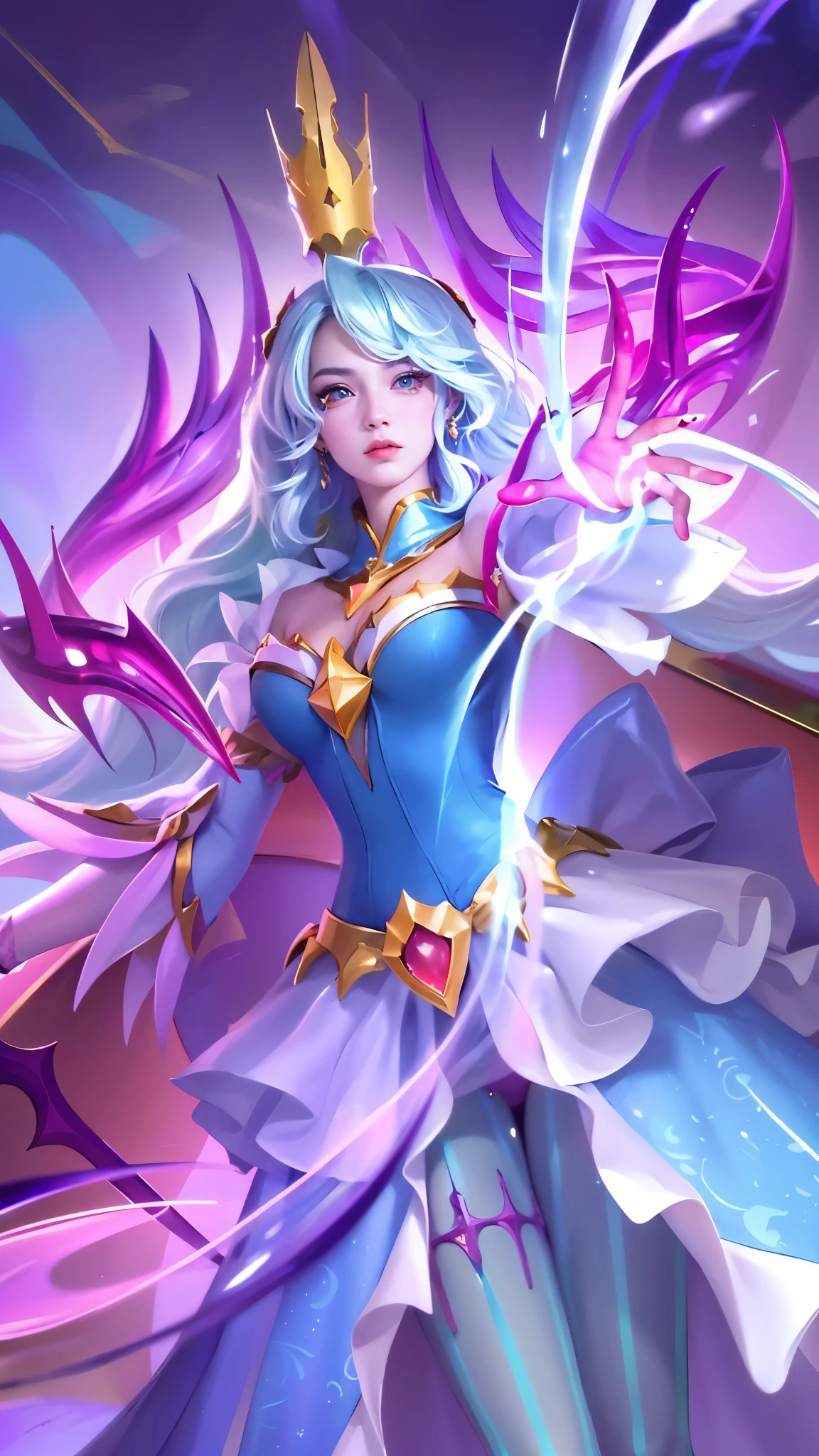 (8k, RAW photo, photorealistic:1.25), red lipgloss, glosace, glossy skin, depth of field, chromatic aberration, caustics, Broad lighting, natural shading, a girl in a blue dress with a crown and a sword, beautiful celestial mage, mobile wallpaper, mystical atlantean valkyrie, ultra hd, ultra detailed texture, hyper realistic, detailed texture, detailed face, detailed skin, detailed lighting, best quality, beautiful lighting, cinematic lighting, professional lighting, ultra highres, realistic, detailed hair, real hair, white hair, high quality, (realskin:1.5), extremely detailed, finely detail, ultra-detailed, detail eyes, cinematic background