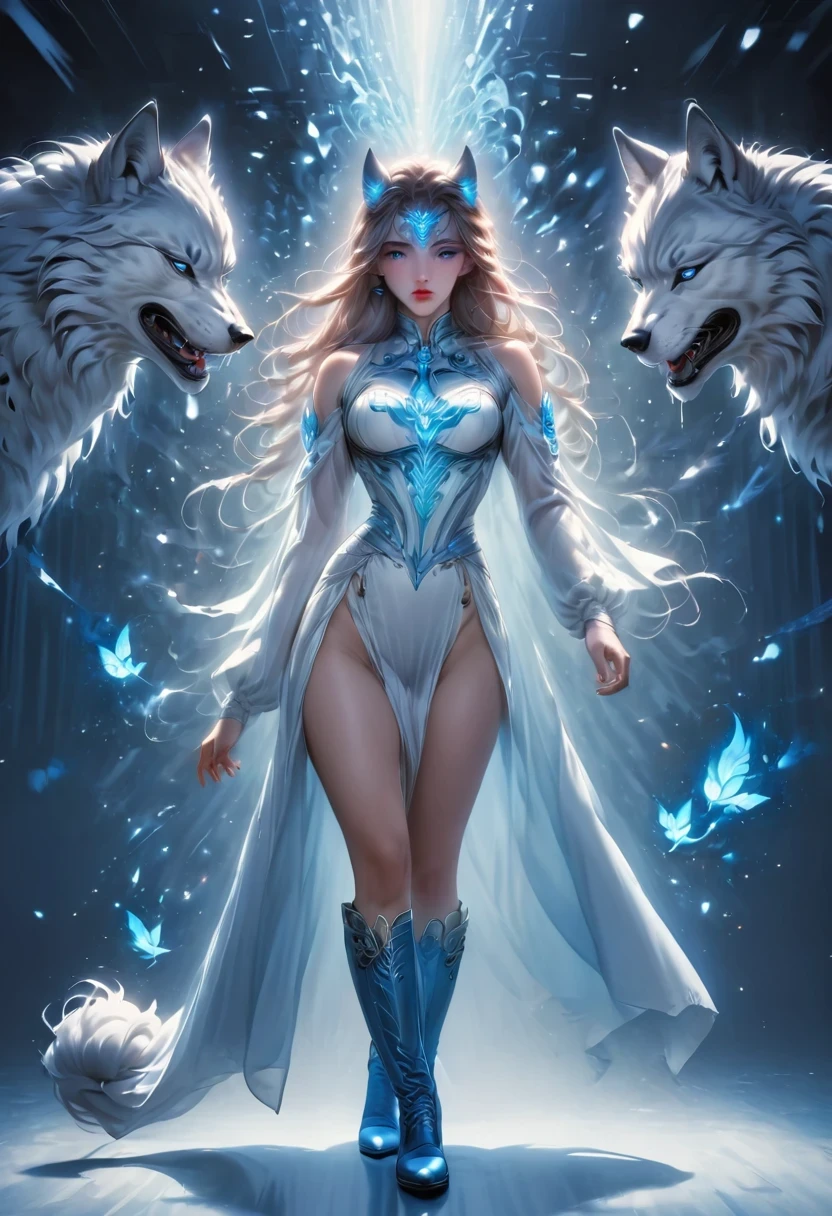 personal, white body, muscle, , Serious expression, frown ,(doctor clothing,, White mask, blue, white boots, black pattern: 1.2), wolf tail, wolf ears, ((broken to pieces)), (indoor: 1.35), incandescent indoor lighting, , shadow (particle, soft light, white glow): 1.3, white coat, anatomically correct, Simple background, cartoon, Warm colors, soft lines