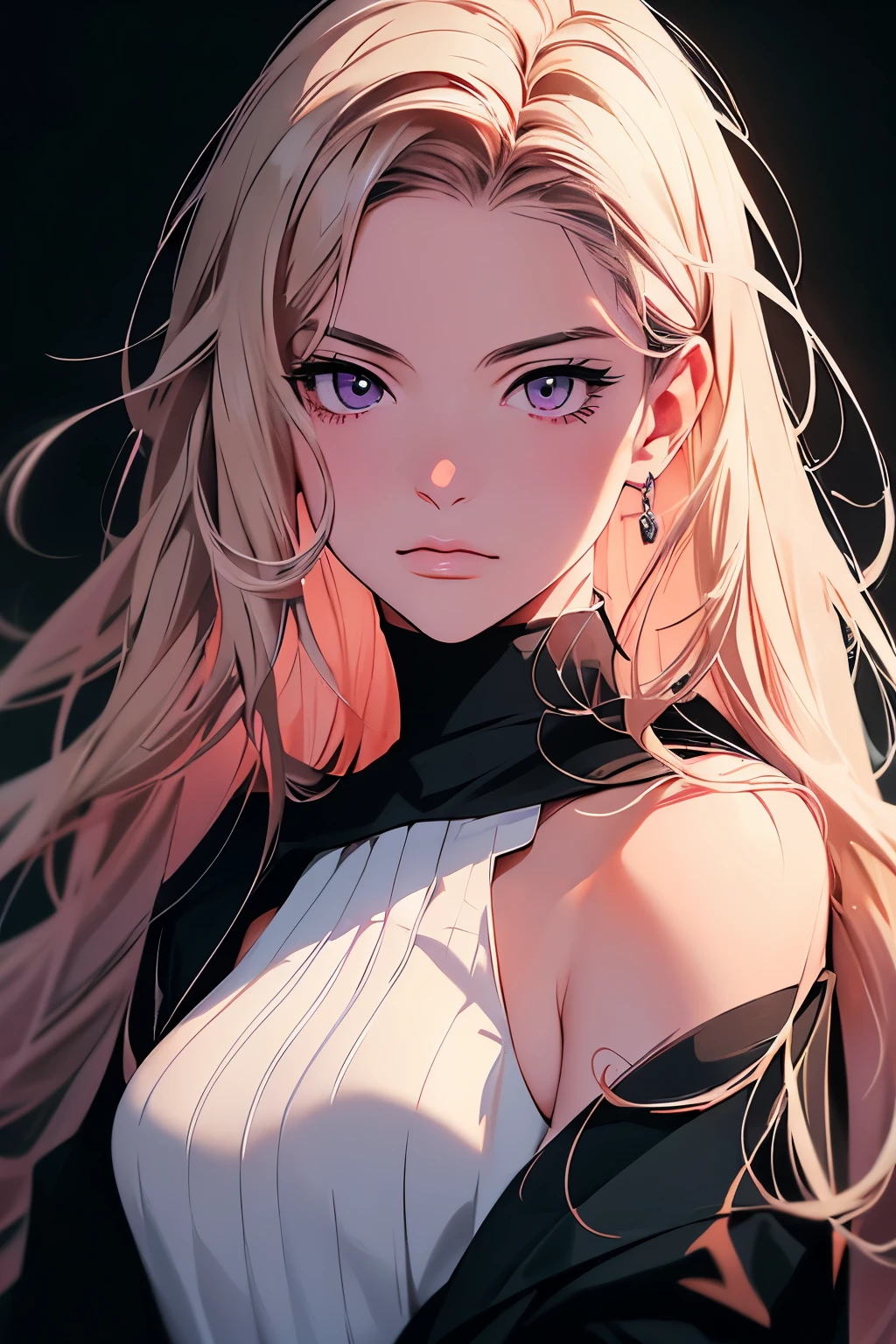 2d illustration, anime, a painting portrait in fine arts, in manhwa style, Bishamon from noragami, 1girl, blond long hair, big hair, purple eyes, makeup, beautiful, high definition, masterpiece, best quality, high detail, high detailed eyes, grain filter, Detailed lips, high resolution, ultra-detalhado, retrato, mulher caucasiana, realista proportions, Anatomicamente preciso, bochechas rosadas; dark lighting, alta qualidade, premiado, high resolution, 8k, dark atmosphere