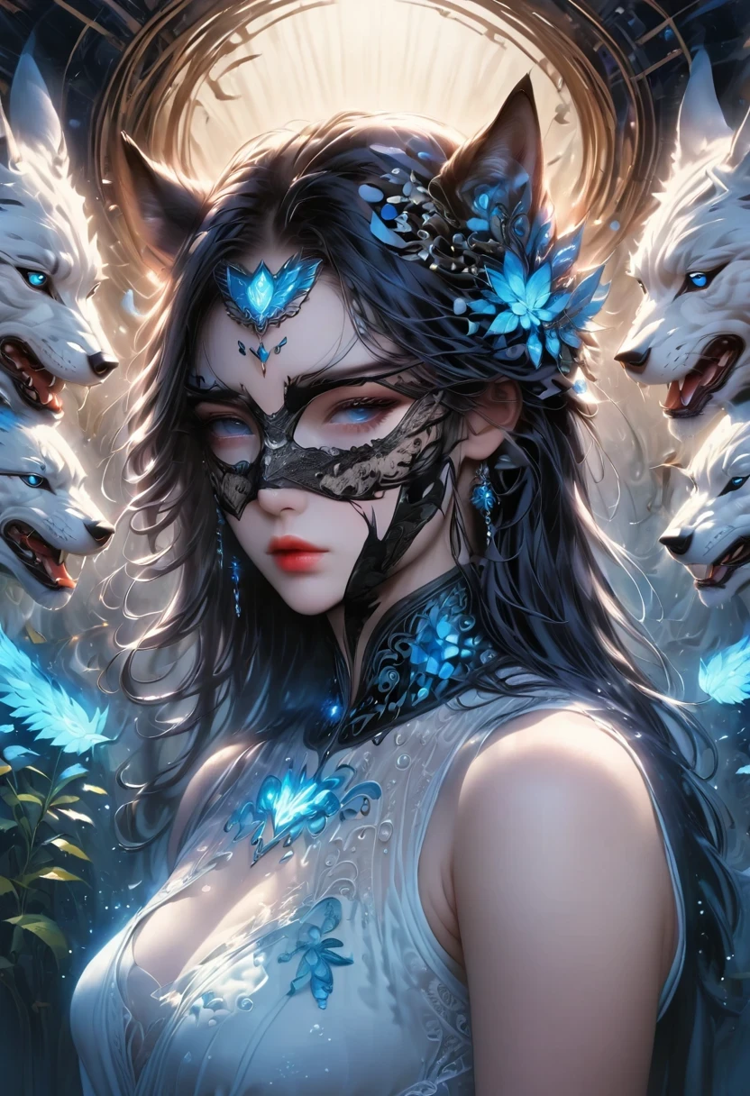 personal, white body, muscle, , Serious expression, frown ,(doctor clothing,, White mask, blue, white boots, black pattern: 1.2), wolf tail, wolf ears, ((broken to pieces)), (indoor: 1.35), incandescent indoor lighting, , shadow (particle, soft light, white glow): 1.3, white coat, anatomically correct, Simple background, cartoon, Warm colors, soft lines