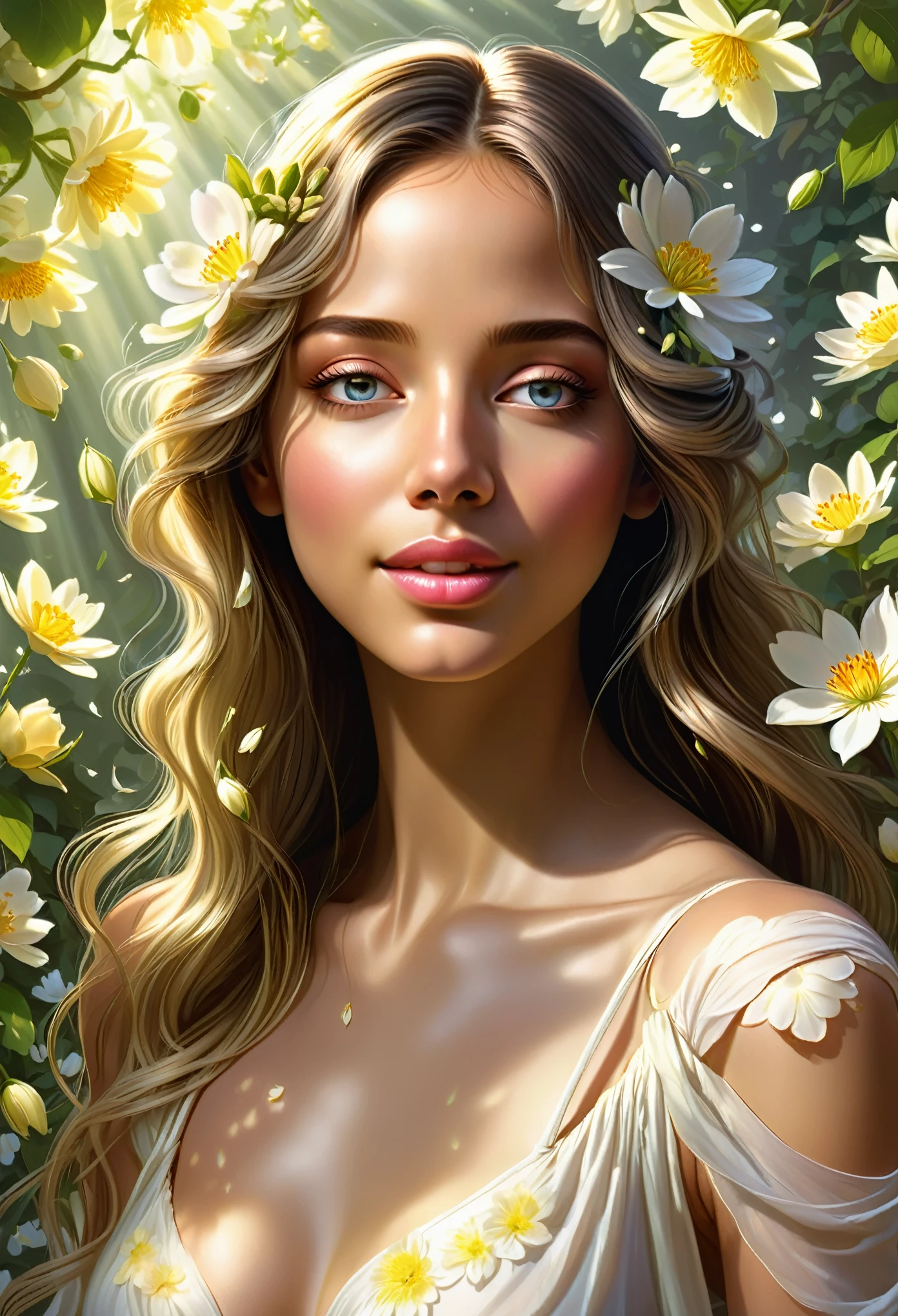 (best quality,4k,8k,highres,masterpiece:1.2),ultra-detailed,(realistic,photorealistic,photo-realistic:1.37),bright sunlit morning,refreshing spring breeze,colorful blooming flowers,golden rays of sunlight streaming through the branches,soft green grass and leaves,gentle chirping of birds,peaceful and serene atmosphere,delicate petals gently swaying in the wind,elegant butterflies fluttering around,quiet rustling of leaves,beautifully vibrant rainbow,splashes of colorful daffodils and tulips,dewdrops glistening on the petals,tranquil garden with stone path,small wooden bench nestled under an old willow tree,soft morning mist,joyful laughter echoing in the air,buds unfurling with new life,invigorating scent of blossoms,freshly brewed coffee aroma filling the air,clear blue sky with fluffy white clouds,occasional light drizzle adding a touch of romance,dancing shadows cast by the sunlight,water droplets on green blades of grass,whispering wind carrying the promise of a new day.