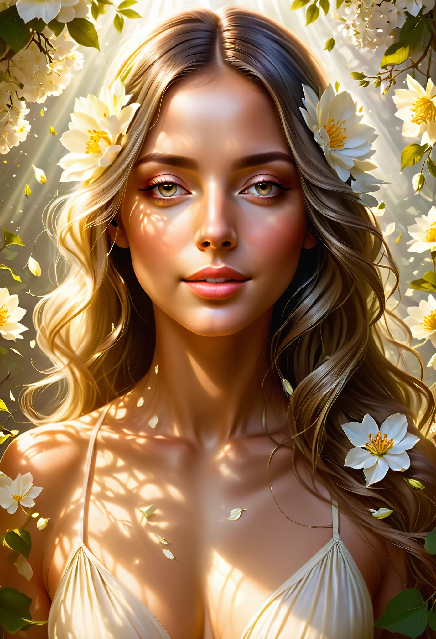 Create a highly detailed and realistic portrait of a beautiful girl, Her eyes reflecting the freshness of spring morning, petals of blooming flowers cascading down her chest and shoulders, sunlight illuminating her face and hair, creating soft highlights and shadows, expressing the pure joy and serenity of the season.