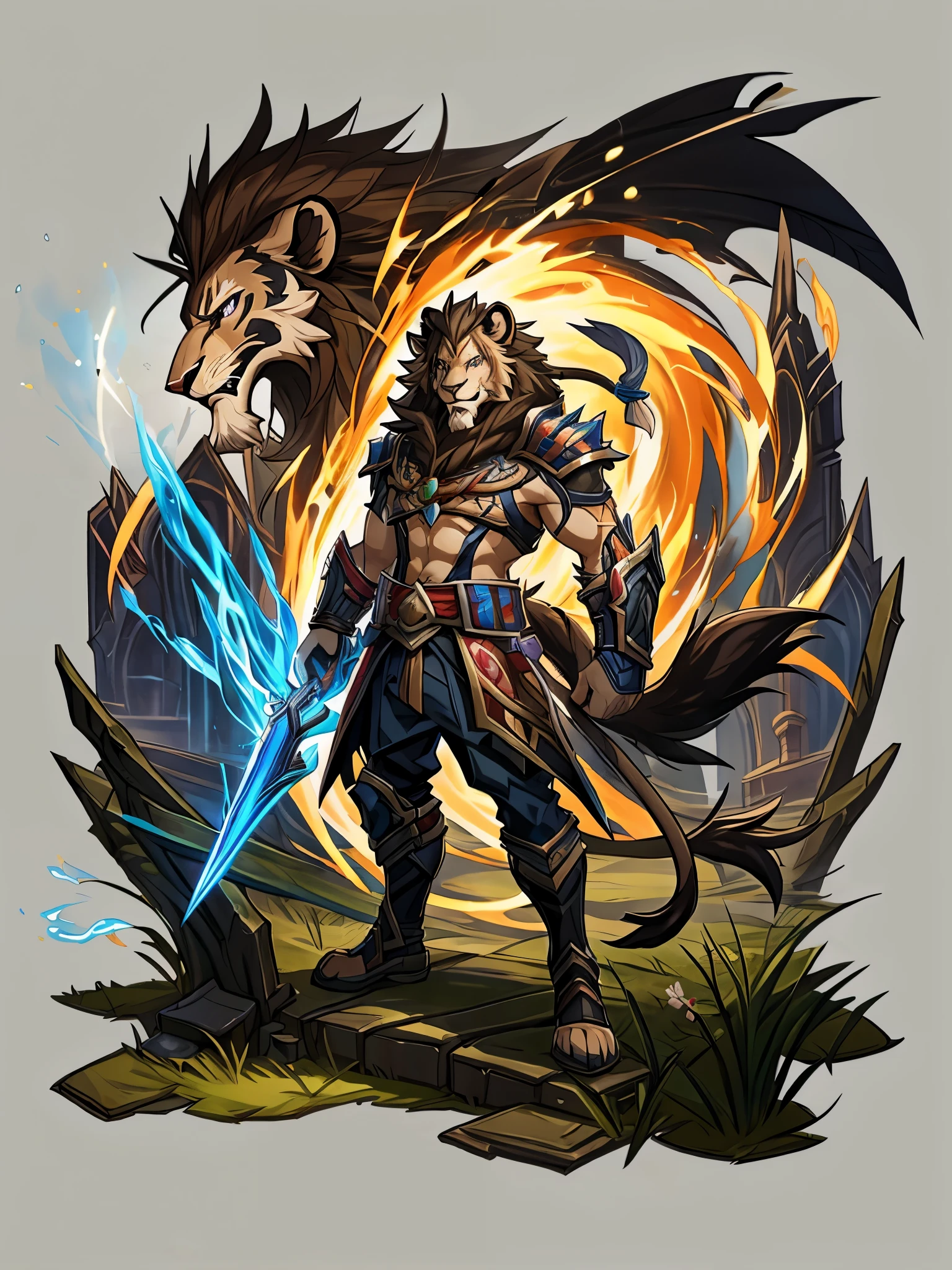 furry, male, anthro, (Lion Tail), Solo, (Realistic eye details:1.2), (beautiful detailed eyes), anime character there is a Lion man with great sword and armor in a dark room, from genshin impact, 2. 5 d cgi anime fantasy artwork, painted in the style arcane, world of warcraft art style, character splash art, dnd fantsay art, league of legends art style, wind sorcerer!, detailed fanart, league of legends style art, full body like, slim body, in a panoramic view, good looking, splash art, anime style, 8k, 4k anime wallpaper, anime art wallpaper 8 k, 2 d art, 2d art, badass anime 8 k, anime art wallpaper 4k