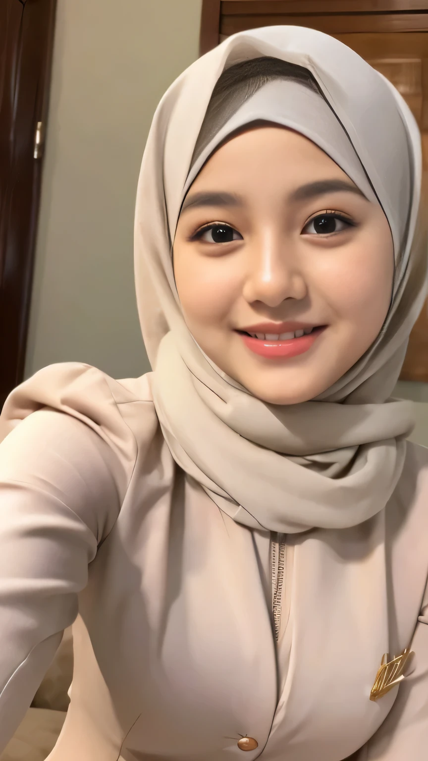 Selfie taken, See full body, luxury details, 8k, natural, realistic, amazing shots, ULTRA HD,
1 girl, 18 years old, smooth white face, white skin, smailing, neat white teeth, big breasts, wearing a long white hijab covering the body, with decorations on the hijab, Muslim clothes for worship, beautiful face, beautiful black face, cute, curly eyelashes, beautiful eyes , sweet smile, sitting on the bed, Indonesian Muslim, realistic, atmosphere in the room,