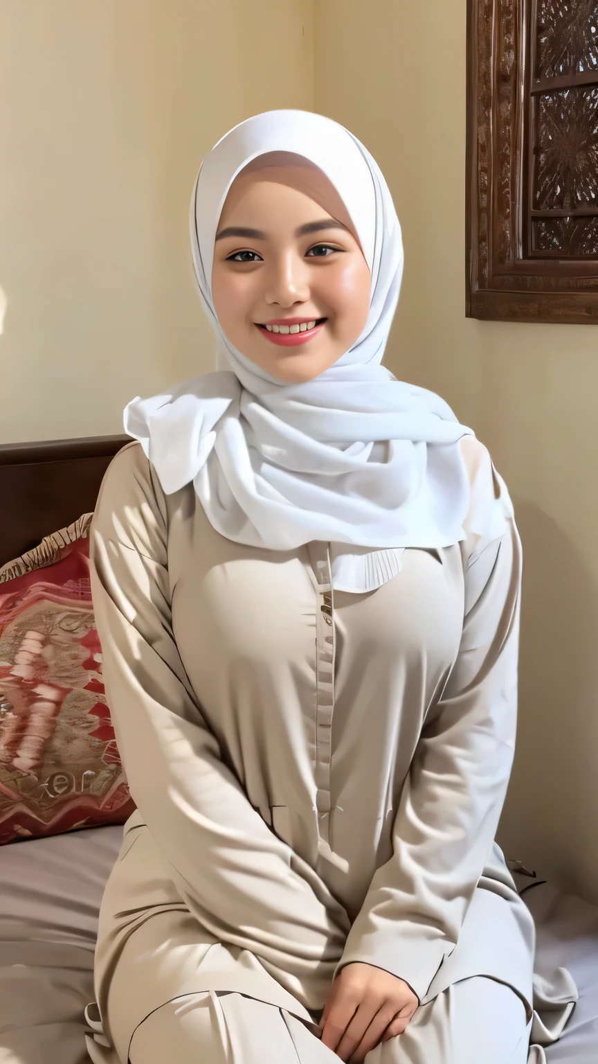 Selfie taken, See full body, luxury details, 8k, natural, realistic, amazing shots, ULTRA HD,
1 girl, 18 years old, smooth white face, white skin, smailing,  neat white teeth, big breasts, wearing a long white hijab covering the body, with decorations on the hijab, Muslim clothes for worship, beautiful face, beautiful black face, cute, curly eyelashes, beautiful eyes , sweet smile, sitting on the bed, Indonesian Muslim, realistic, atmosphere in the room,