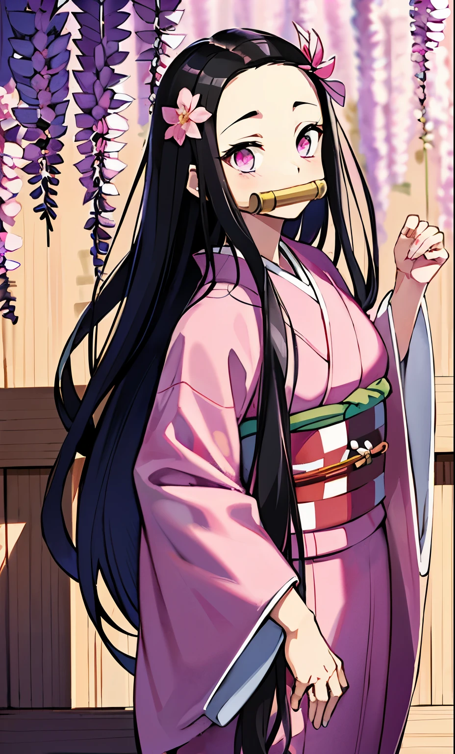 masterpiece, (pink kimono), seductive face, good lighting, low-cut, fine details, masterpiece, glowing eyes, 1girl, black hair, gag, bamboo, Nezuko Kamado, wisteria background, masterpiece, best quality, POV, whole body, wide hips,