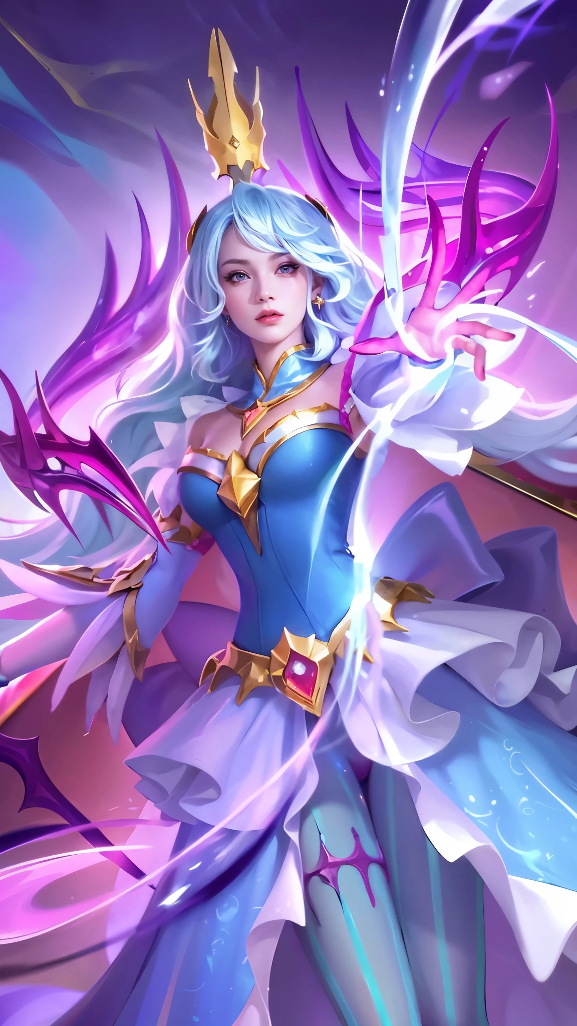 (8k, RAW photo, photorealistic:1.25), red lipgloss, glosace, glossy skin, depth of field, chromatic aberration, caustics, Broad lighting, natural shading, a girl in a blue dress with a crown and a sword, beautiful celestial mage, mobile wallpaper, mystical atlantean valkyrie, ultra hd, ultra detailed texture, hyper realistic, detailed texture, detailed face, detailed skin, detailed lighting, best quality, beautiful lighting, cinematic lighting, professional lighting, ultra highres, realistic, detailed hair, real hair, white hair, high quality, (realskin:1.5), extremely detailed, finely detail, ultra-detailed, detail eyes, cinematic background