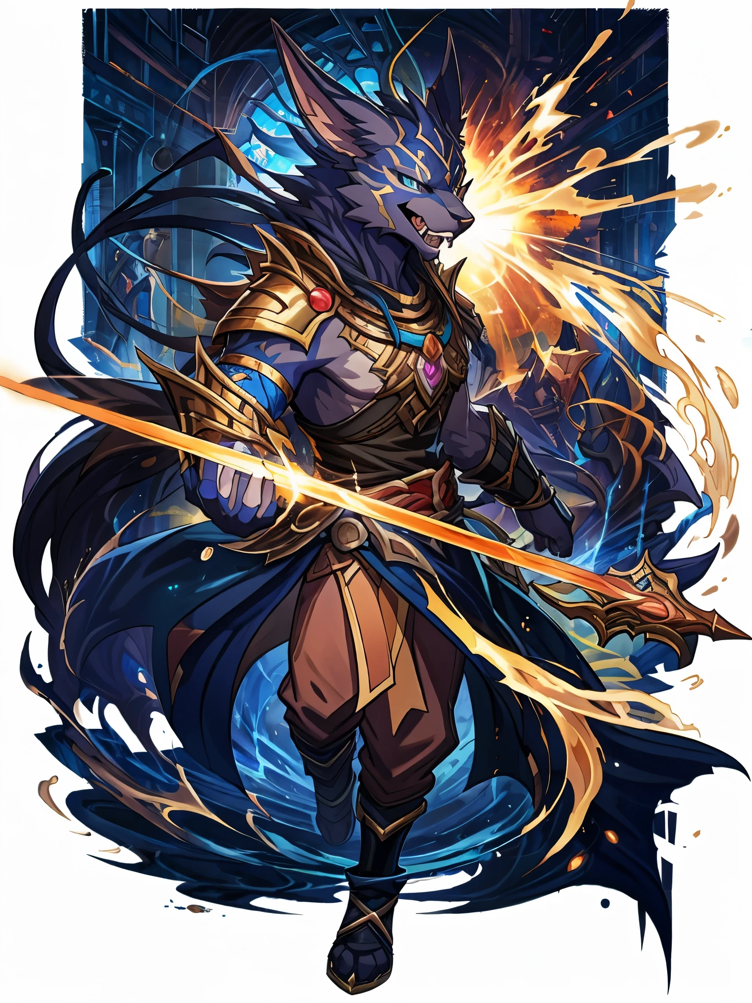 furry, male, anthro, Solo, (Realistic eye details:1.2), (beautiful detailed eyes), anime character there is a Anubis with great sword and armor in a dark room, from genshin impact, 2. 5 d cgi anime fantasy artwork, painted in the style arcane, world of warcraft art style, character splash art, dnd fantsay art, league of legends art style, wind sorcerer!, detailed fanart, league of legends style art, full body like, slim body, in a panoramic view, good looking, splash art, anime style, 8k, 4k anime wallpaper, anime art wallpaper 8 k, 2 d art, 2d art, badass anime 8 k, anime art wallpaper 4k, detail art, (splash art details:1.2)