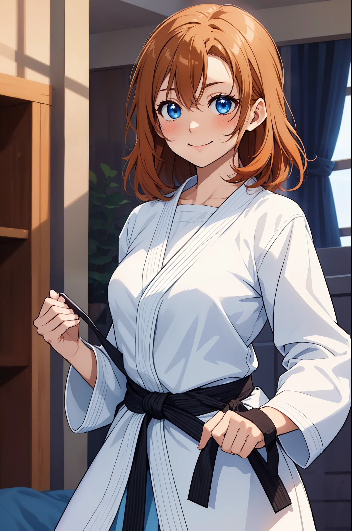 (Masterpiece, Best Quality, High Quality), upper body,volumetric lighting, illustration, beautiful, perfect lighting, perfect shadows, (breathtaking scenery:1.1), blushing, facing viewer, standing,Kousaka honoka, blue eyes, orange hair,karate gi,white karate custom, big breasts, sweating, smile