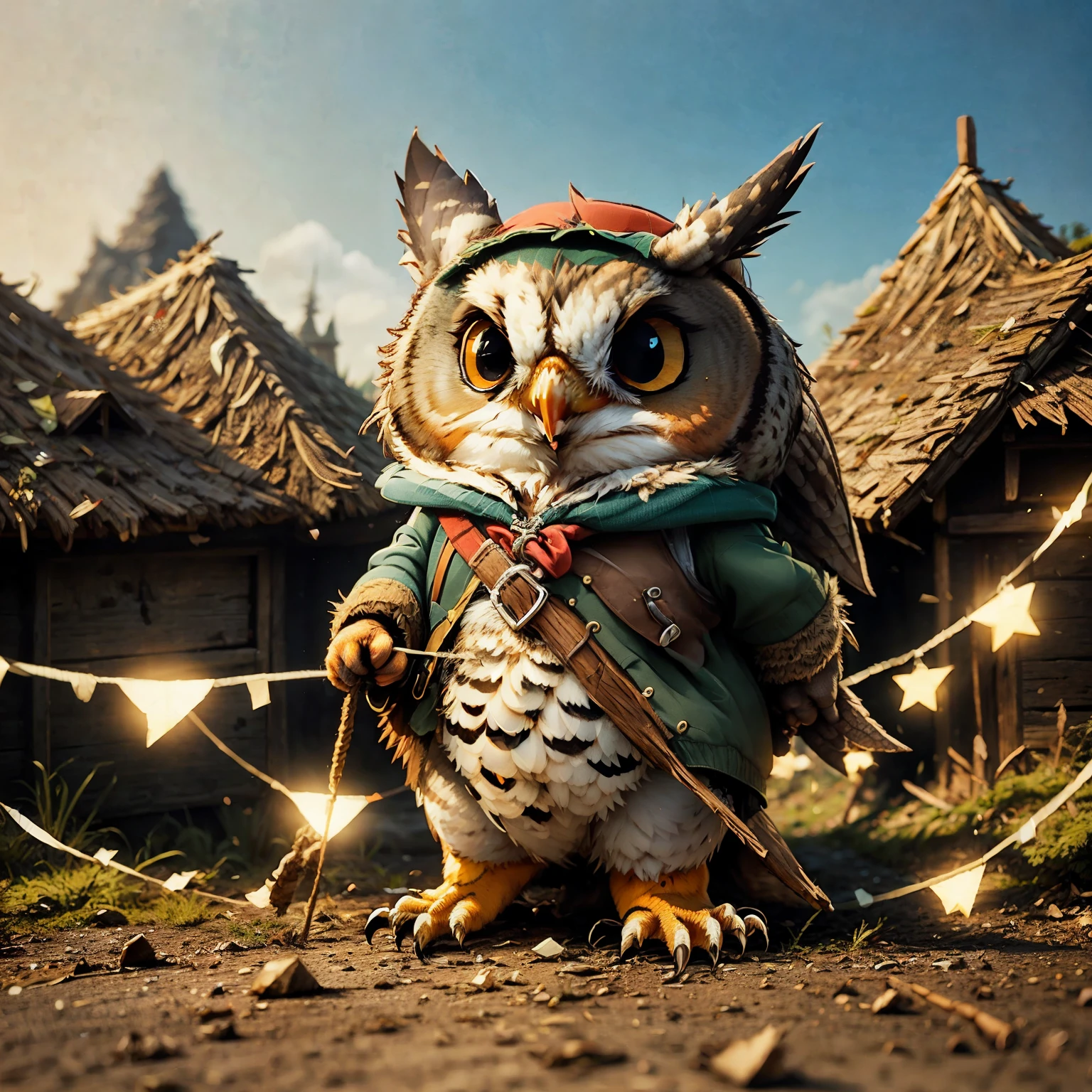 cute cartoon, 1 fantasy rogue owl happy expression, , bunting, wide-angle shot, overhead shot , far away, (away from camera), full body, forrest