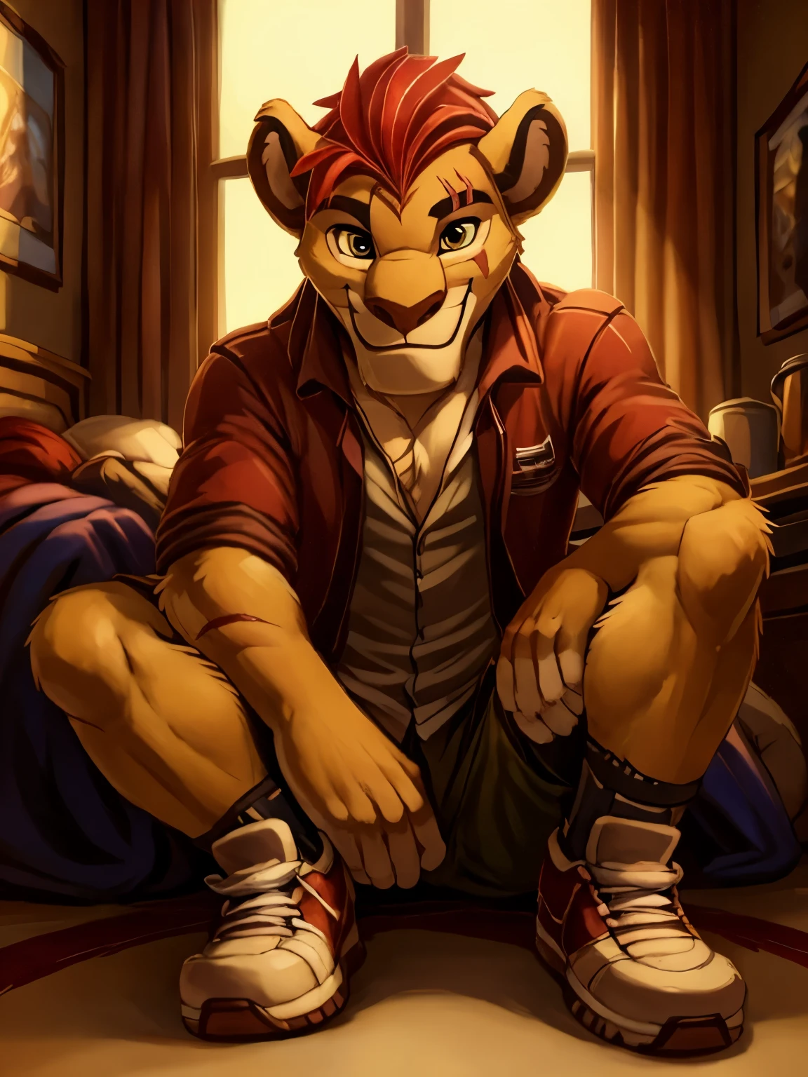 masterpiece, detailed, beautiful digital art, masterpiece, 4k, fine details, anthro, lion, Kion, male, ((masculine)), good quality anatomy, ((beautiful eyes)), red mane, ((beautiful hands, detailed hands)), clothing, casual clothing, bedroom, college dormroom, sitting on floor, shoes, ((wearing shoes)), (((detailed clothing))), (looking at viewer), smile, (((seductive smile))), looking at viewer, full body, scar, scar on left eye, anime style, by nommz, by haychel, by oouyuki benten