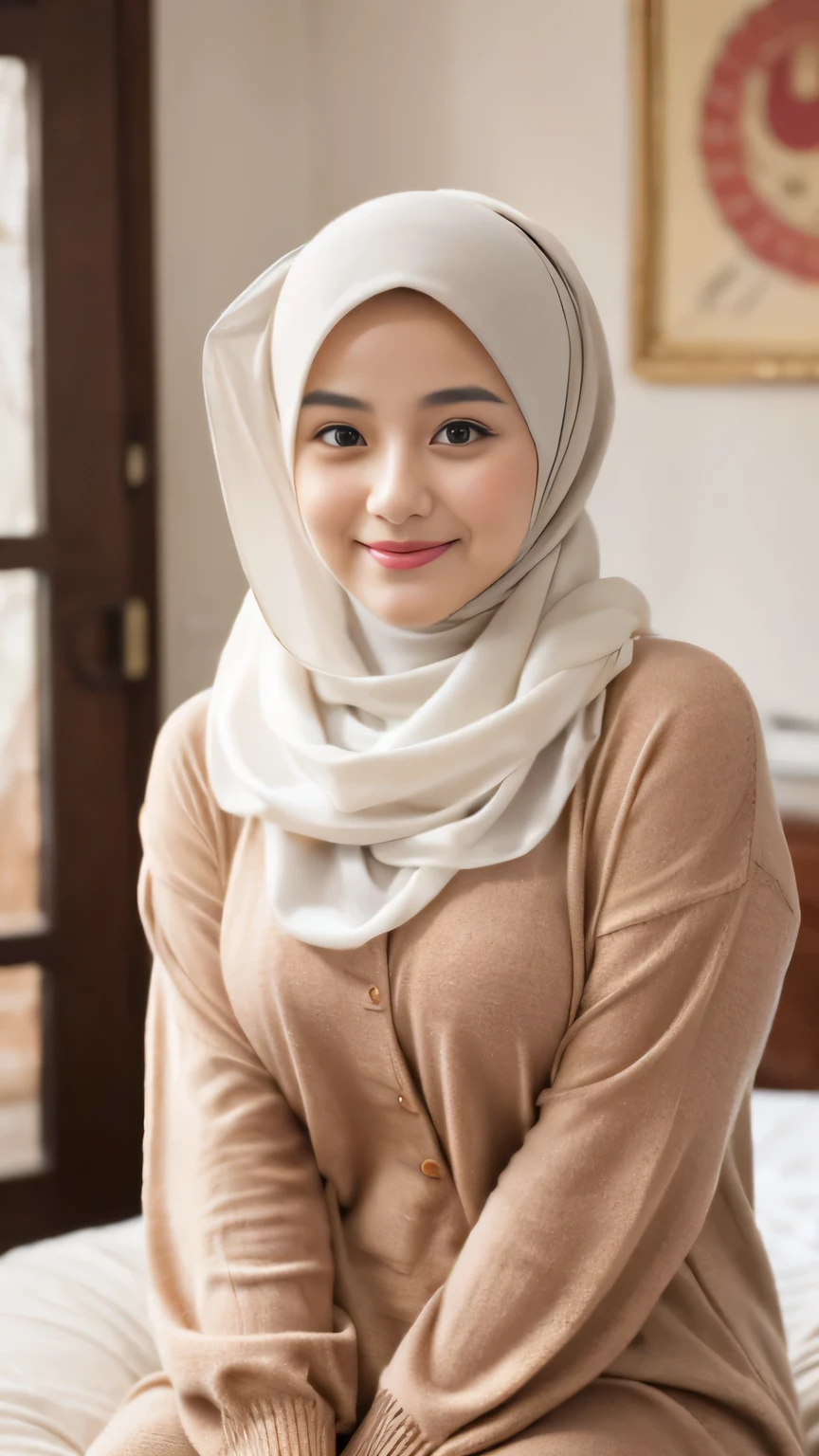 Selfie taken, See full body, luxury details, 8k, natural, realistic, amazing shots, ULTRA HD,
1 girl, 18 years old, smooth white face, white skin, smailing,  neat white teeth, big breasts, wearing a long white hijab covering the body, with decorations on the hijab, Muslim clothes for worship, beautiful face, beautiful black face, cute, curly eyelashes, beautiful eyes , sweet smile, sitting on the bed, Indonesian Muslim, realistic, atmosphere in the room,