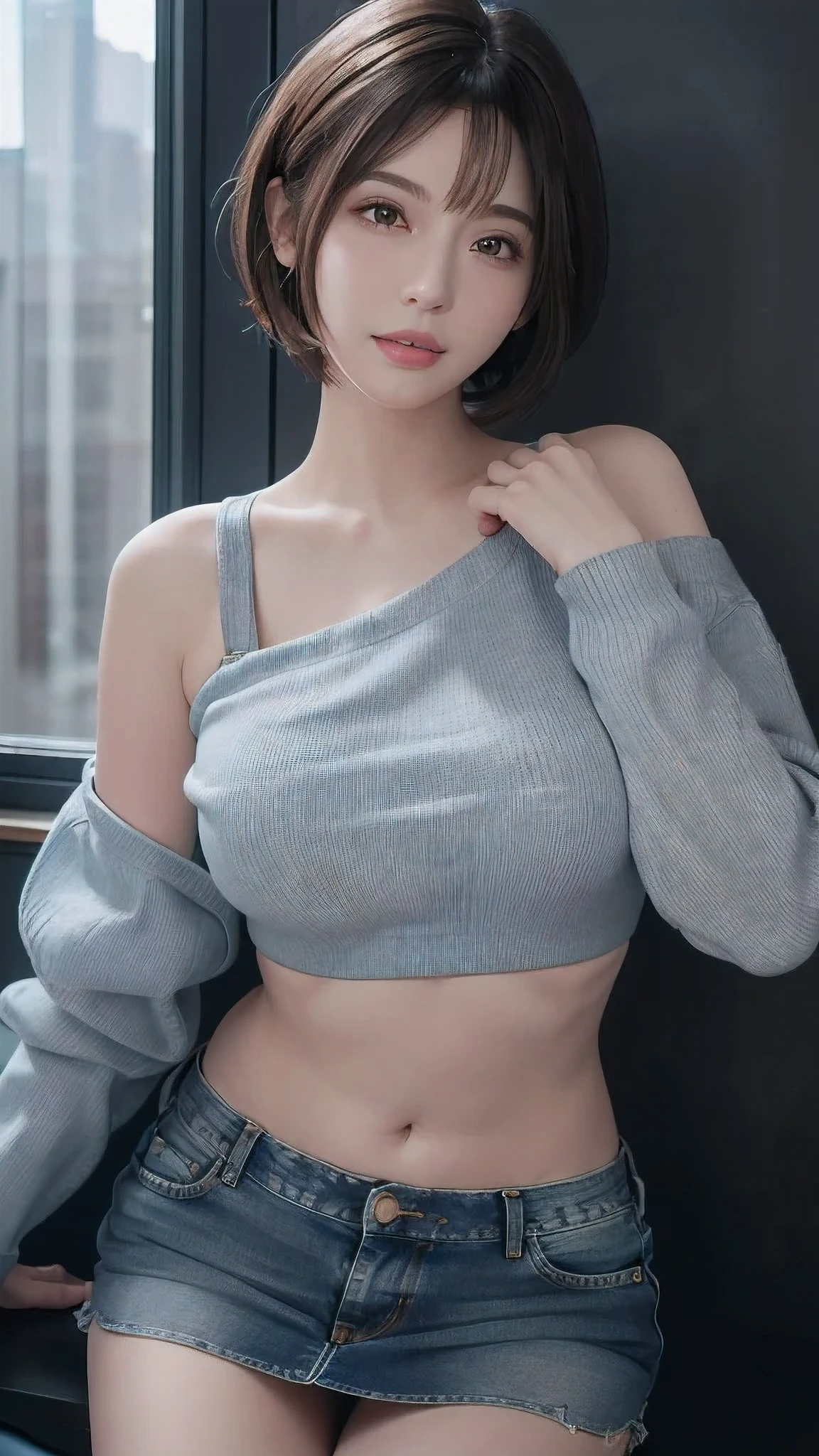 (Masseter muscle film:1.3)、(8K、Realism、original photography、top quality: 1.4)、(1 girl in)、beautiful face、(lifelike face)、(A black-haired one、short hair:1.3)、beautiful hairstyle、realistic eyes、Beautiful details、（real skin）、beautiful skin、（sweater）、absurd、Tempting、ultra high resolution、surreal、high detail、golden ratio、((open belly))、((Medium sweater))、((Super low-rise、denim mini skirt))、、((Navel ejection))、