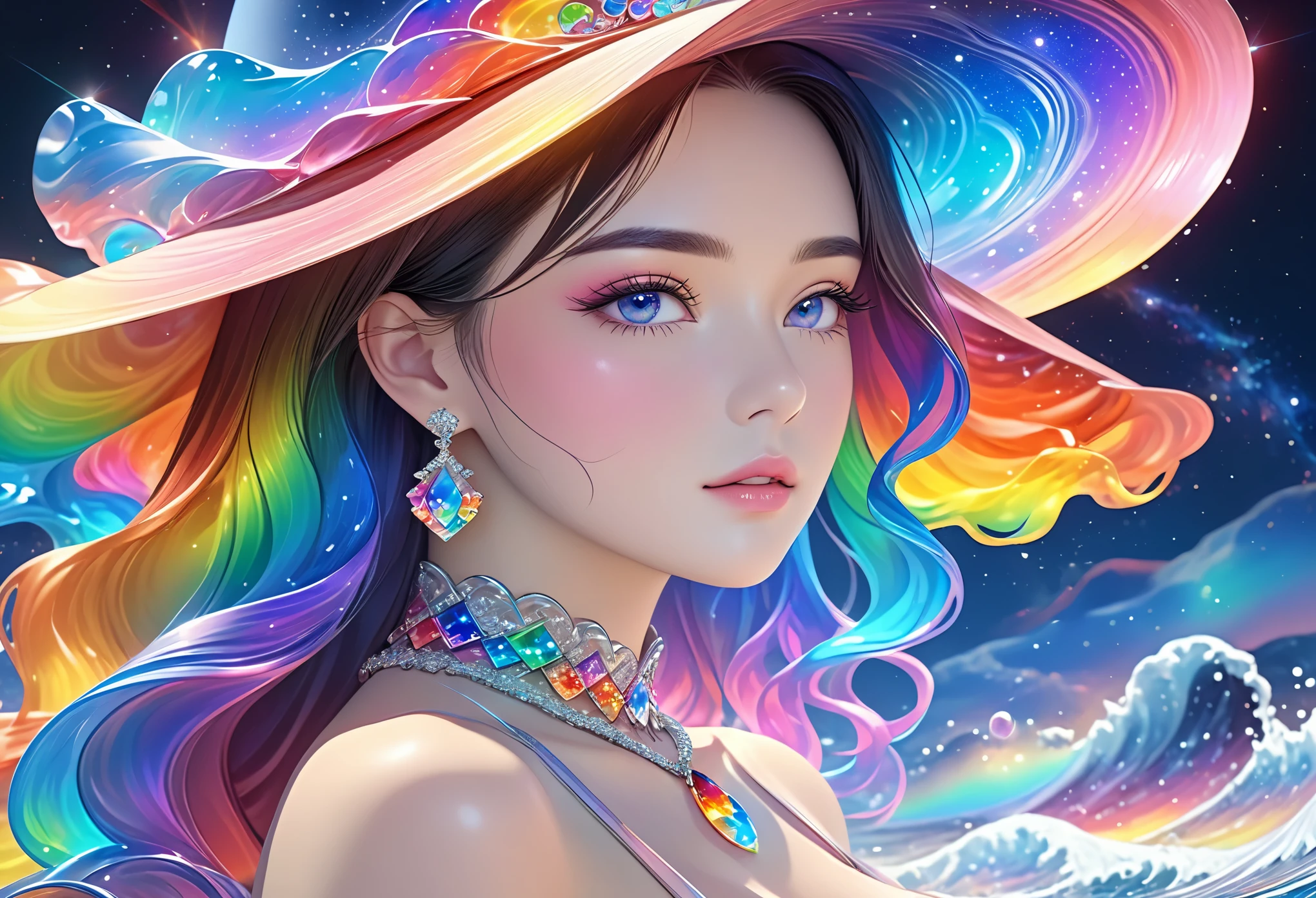 a beautiful young woman，Ultra-detailed，Rich details，jewelry，jewelry，hat， mysterious waves at night. 3d. rainbow colors. The melting beauty of the universe. Surrealism in Nebula Reflections，big breasts