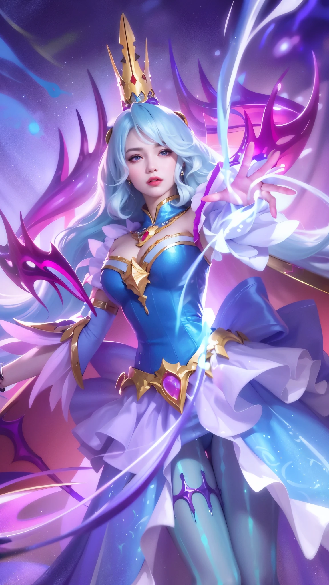(8k, RAW photo, photorealistic:1.25), red lipgloss, glosace, glossy skin, depth of field, chromatic aberration, caustics, Broad lighting, natural shading, a girl in a blue dress with a crown and a sword, beautiful celestial mage, mobile wallpaper, mystical atlantean valkyrie, ultra hd, ultra detailed texture, hyper realistic, detailed texture, detailed face, detailed skin, detailed lighting, best quality, beautiful lighting, cinematic lighting, professional lighting, ultra highres, realistic, detailed hair, real hair, white hair, high quality, (realskin:1.5), extremely detailed, finely detail, ultra-detailed, detail eyes, cinematic background