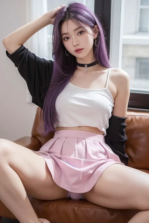 masterpiece,(best quality,4k,highres,masterpiece:1.2),18-year-old girl,(clear skin:1.1),detailed,long hair,purple hair,black panties,leg behind head,spread legs, no skirt