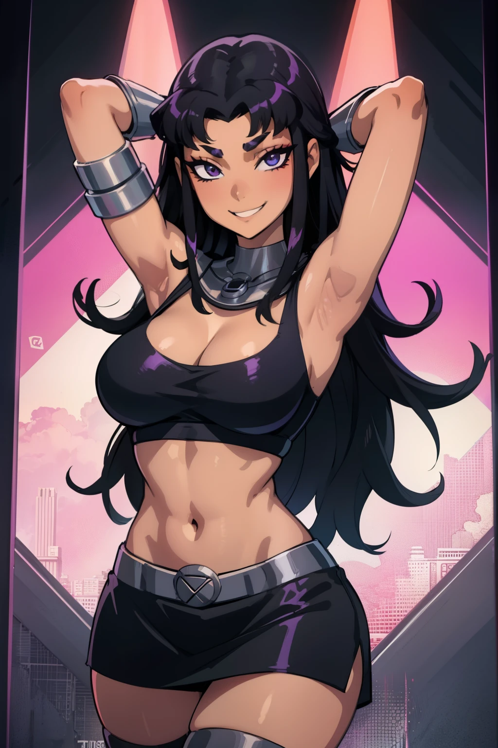 blackfire dancing in a club, long hair, black crop top, black short miniskirt, toned body, eyeshadow, heavy makeup, upperbody focus, big lips, teenager, big , cleavage, thighs, smile, seductive, arms up, hands behind head, armpit,metal collar, silver vambraces,
