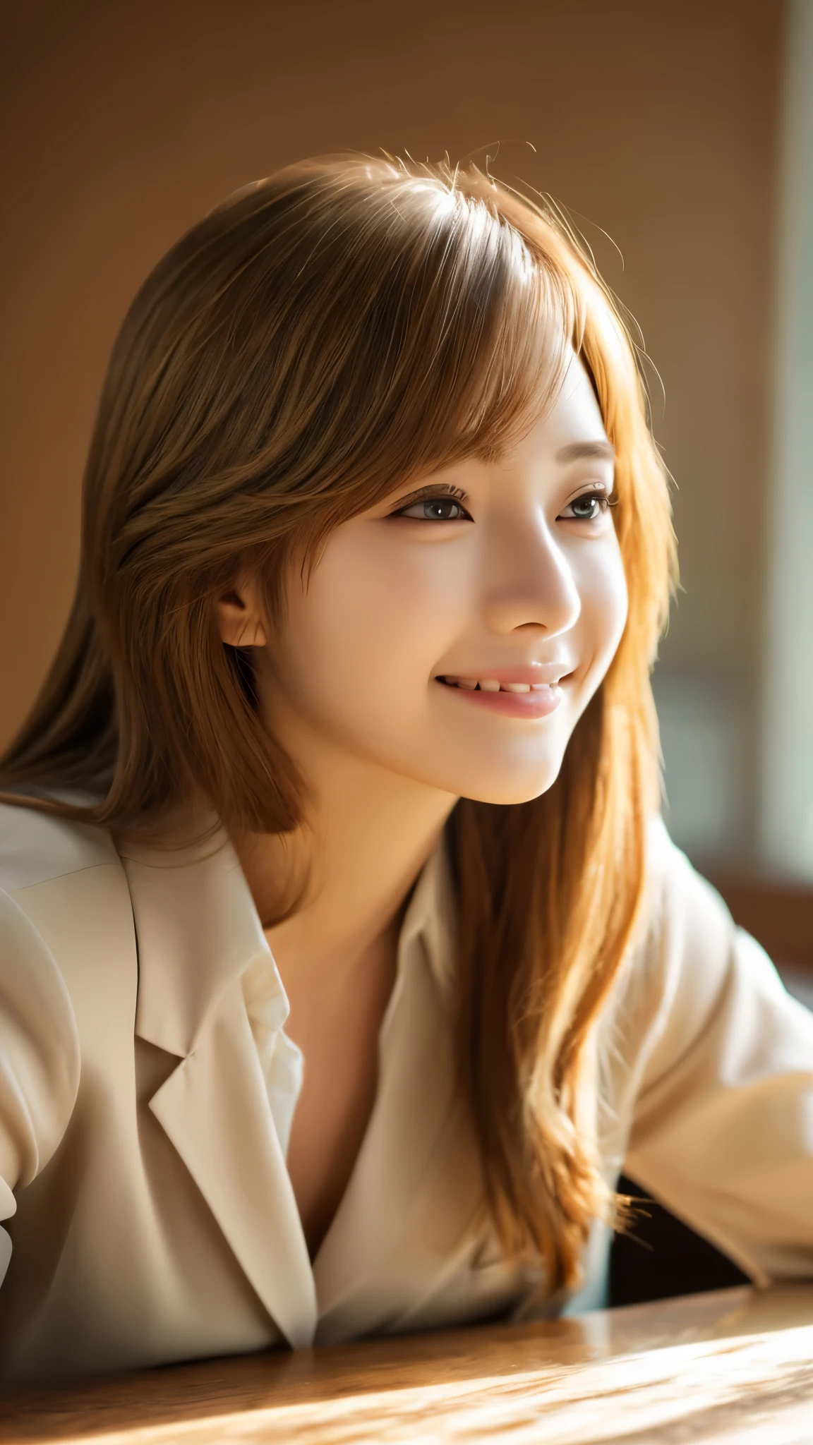 on the table, best quality, Realistic, super detailed, down to the last detail, High resolution, 4k wallpaper, 1 beautiful woman,, light brown messy hair, wore a suit, fix a sharp focus, perfect dynamic composition, beautiful and delicate eyes, delicate hair, 细致Realistic的皮肤纹理, smile, close up portrait, model body shape