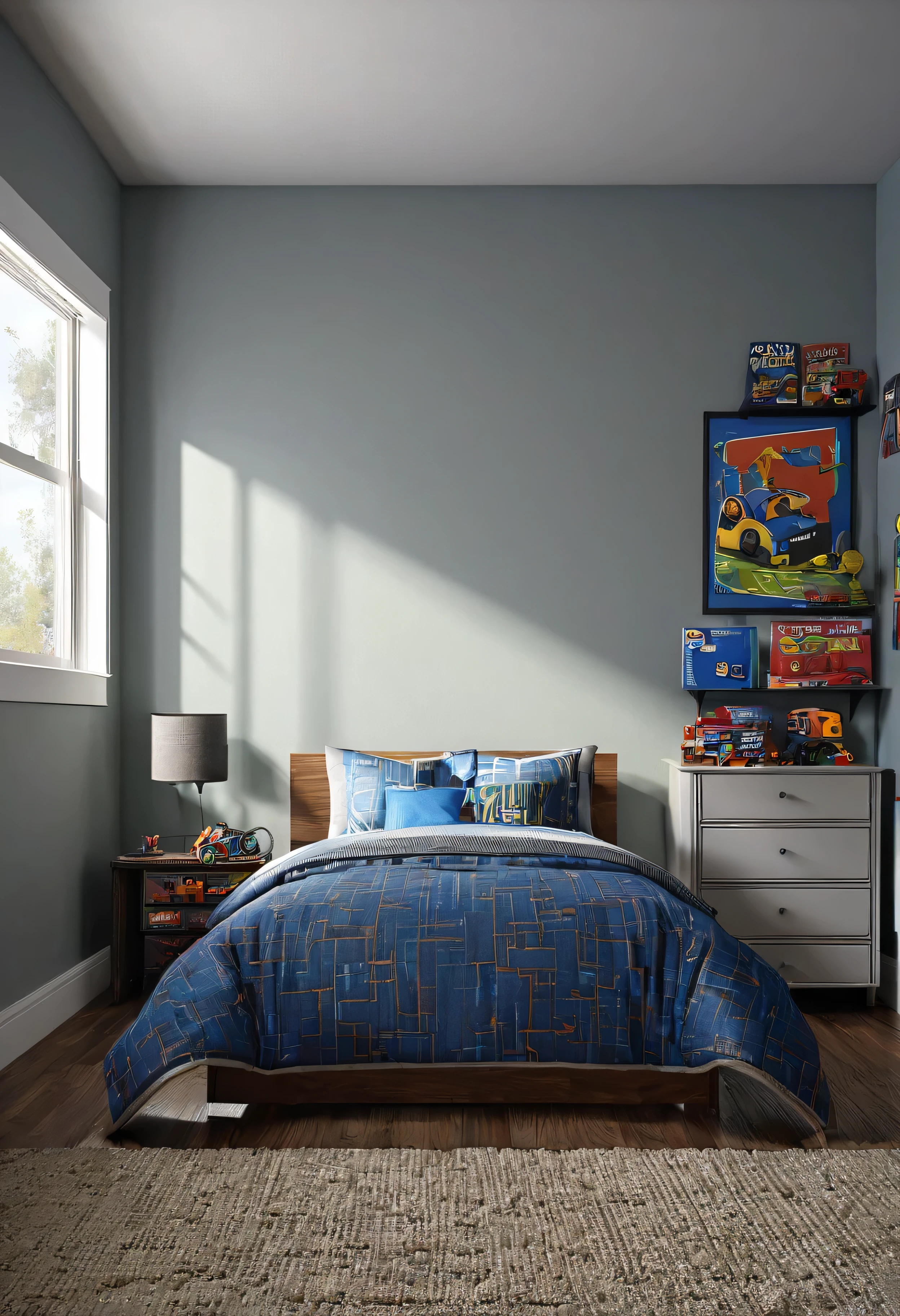 photorealistic straight ahead catalog image of a boy's bedroom. The feature wall is empty. --v 6.0