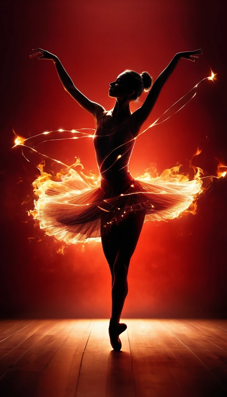 Candle, red background, digital art style, simple lines
Silhouette of a ballet dancer dancing beautifully, flame dancing with the light simple lines, silhouette art, backdrop, illustration, red background, cartoon, solid color background, texture, candlelight, warm atmosphere, mysterious feeling, dancing in the light of a soft fire, showing the style of fire and light