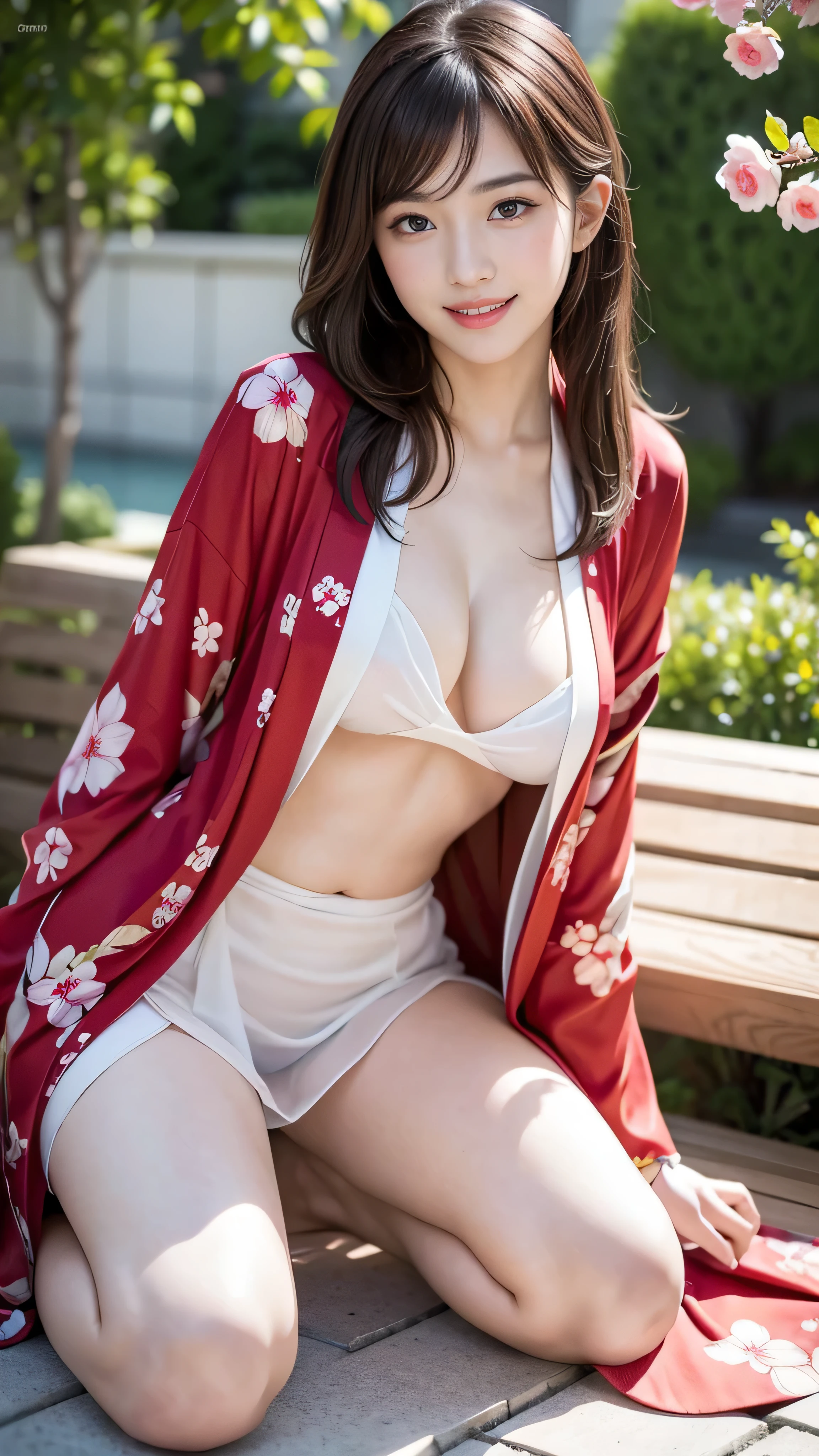 Best Quality, Masterpiece, High Resolution,detailed face,full body, 1girl,sexy, sexy kimono Costume, , Real People, (High Detail Skin: 1.4), SLR, Soft Light, High Quality, High Resolution, Background fantasy world, dynamic pose , flirty pose, smile , charming face , long hair , cherry bloosom, ,flirty pose