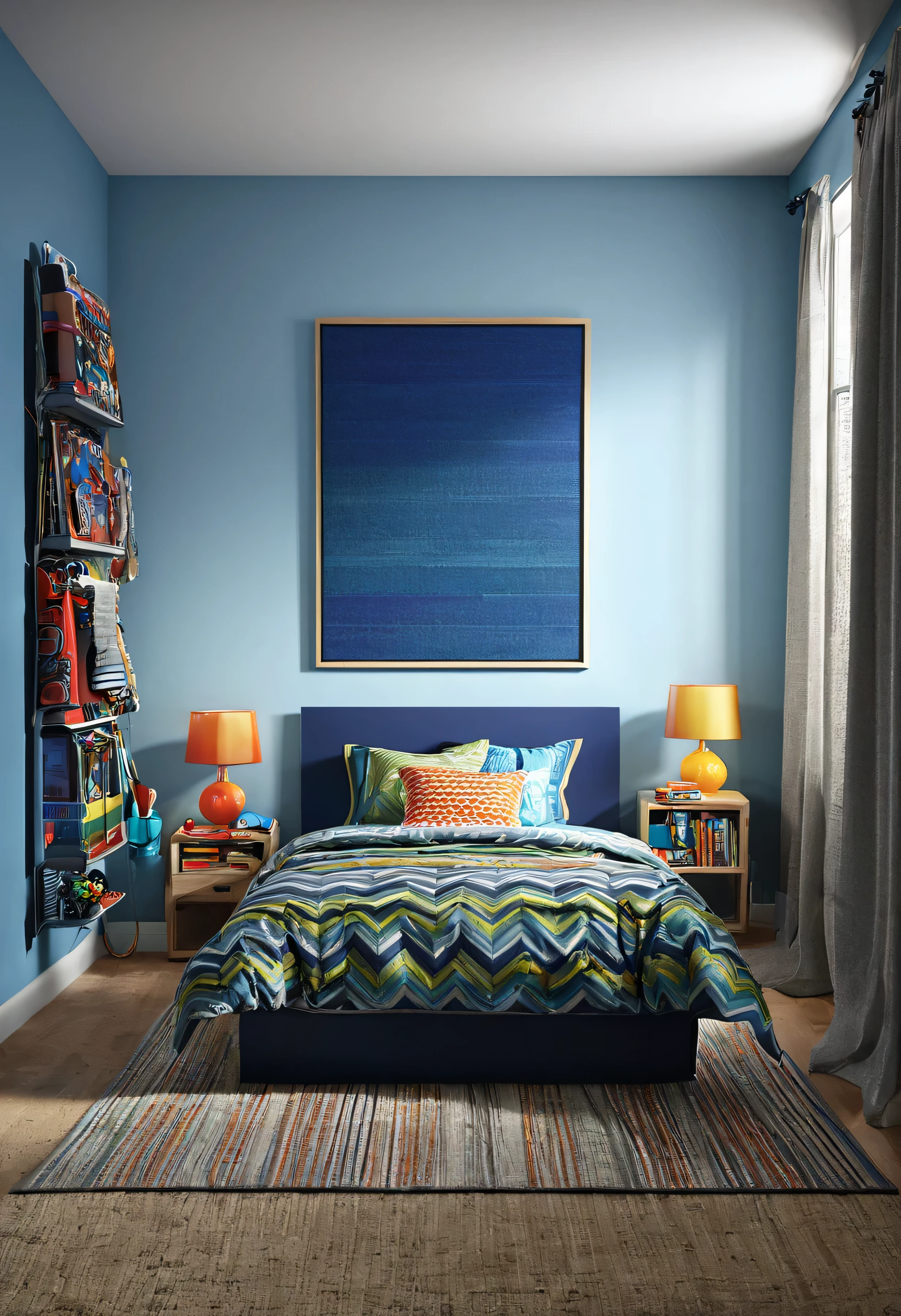 photorealistic straight ahead catalog image of a boy's bedroom. The feature wall is empty. --v 6.0