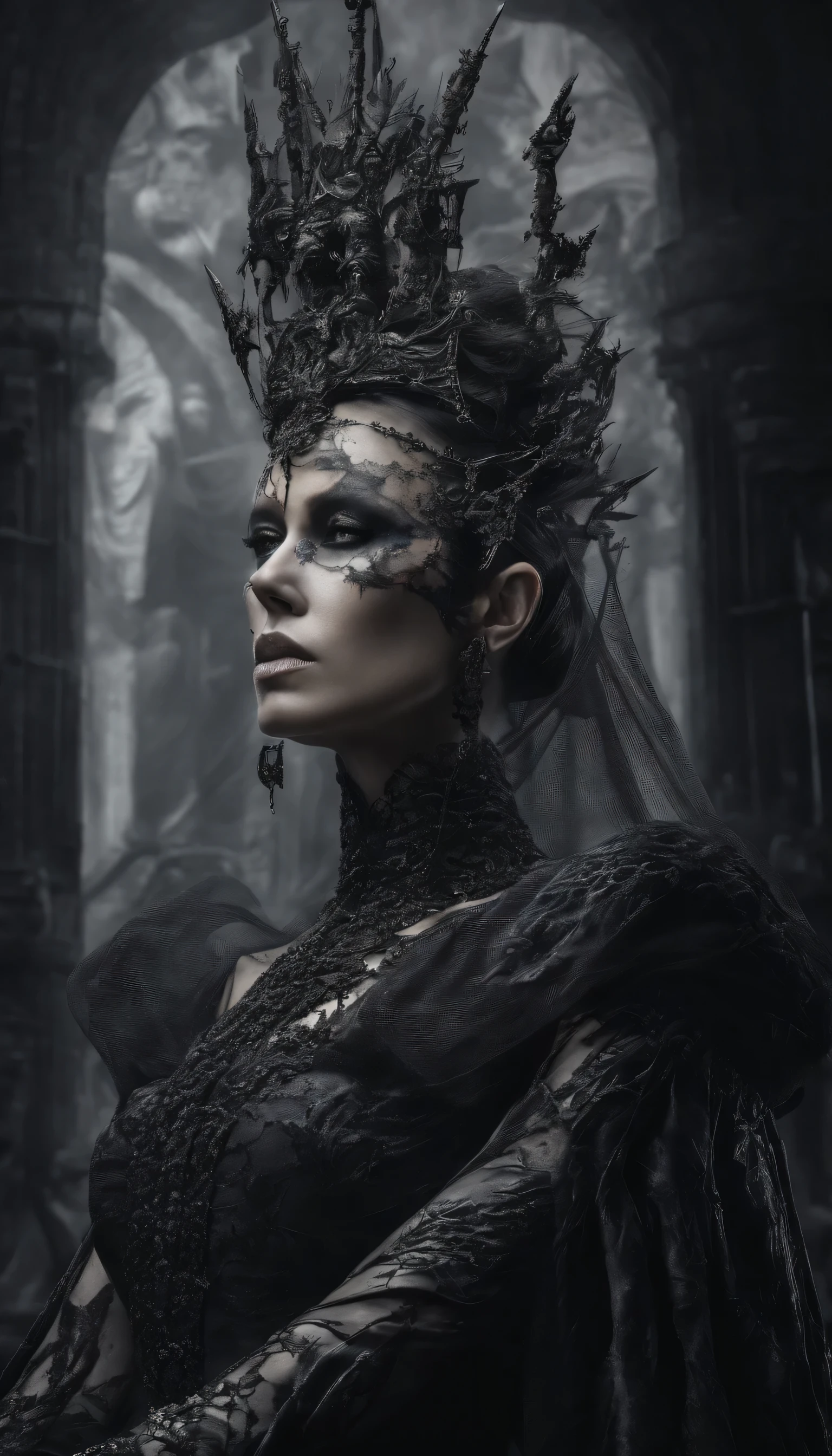 heal, Charlize Theron, goddess of death, mythologie grecque, Sorcière écarlate avec un diadème à plusieurs lames sur la tête, Charlize Theron, goddess of death, skull necklace, In a dress with skulls and blades, L&#39;art dans le style de Guviz, Ross Tran 8K, La belle imagination de l&#39;empress, High quality 8k detailed art, highly detailed digital art in 4k, Portrait of the Queen of Darkness, Wield multiple sharp swords, Contexte des cendres et du feu, Petits points chauds du charbon en arrière-plan, robe, composed of skulls and blades,