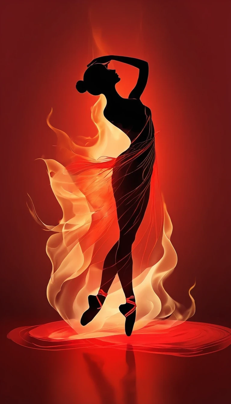 Candle candlestick，red background, digital art style, simple lines
Silhouette of a ballet dancer dancing beautifully, flame dancing with the light simple lines, silhouette art, backdrop, illustration, red background, cartoon, solid color background, texture, candlelight, warm atmosphere, mysterious feeling, dancing in the light of a soft fire, showing the style of fire and light，double exposure