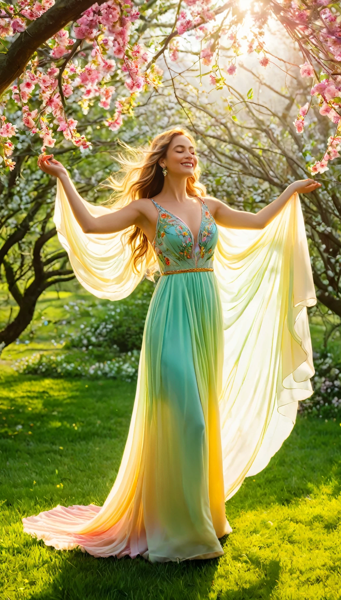 (mastery: 1.2), A woman, Mrs. Spring, the Goddess of Spring, captivatingly ushers in the radiant Sun, embracing the enchantment of a blossoming morning. Oil painting, medium brushstrokes, vibrant colors, realistic lighting. Mrs. Spring exudes grace and elegance, adorned in a flowing gown crafted with delicate pastel hues. Her captivating eyes sparkle with the promise of new beginnings, framed by long fluttering lashes. Joy dances upon her lips, forming a warm smile that mirrors the awakening nature around her. Surrounding the goddess, vibrant flowers bloom in a tapestry of colors, exuding the fragrance of fresh beginnings. Gently caressed by a soft breeze, Mrs. Spring's long, flowing hair floats in mid-air, carrying the essence of life and vitality. The sunlight, spilling through the foliage, casts a soft, warm glow upon her. The morning dew glistens on the grass, while birds serenade the arrival of a new day. Mrs. Spring stands in a lush garden, where spring bulbs and budding trees paint a symphony of life. As she raises her arms gracefully, the vibrant energy of spring bursts forth, enveloping the world in a kaleidoscope of vibrant colors. (best quality, 4k, highres), every intricate detail of this masterpiece is brought to life with impeccable precision and clarity, evoking a sense of wonder and awe.