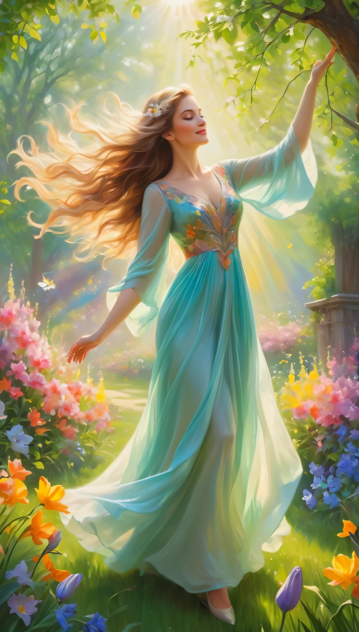 (mastery: 1.2), A woman, Mrs. Spring, the Goddess of Spring, captivatingly ushers in the radiant Sun, embracing the enchantment of a blossoming morning. Oil painting, medium brushstrokes, vibrant colors, realistic lighting. Mrs. Spring exudes grace and elegance, adorned in a flowing gown crafted with delicate pastel hues. Her captivating eyes sparkle with the promise of new beginnings, framed by long fluttering lashes. Joy dances upon her lips, forming a warm smile that mirrors the awakening nature around her. Surrounding the goddess, vibrant flowers bloom in a tapestry of colors, exuding the fragrance of fresh beginnings. Gently caressed by a soft breeze, Mrs. Spring's long, flowing hair floats in mid-air, carrying the essence of life and vitality. The sunlight, spilling through the foliage, casts a soft, warm glow upon her. The morning dew glistens on the grass, while birds serenade the arrival of a new day. Mrs. Spring stands in a lush garden, where spring bulbs and budding trees paint a symphony of life. As she raises her arms gracefully, the vibrant energy of spring bursts forth, enveloping the world in a kaleidoscope of vibrant colors. (best quality, 4k, highres), every intricate detail of this masterpiece is brought to life with impeccable precision and clarity, evoking a sense of wonder and awe.