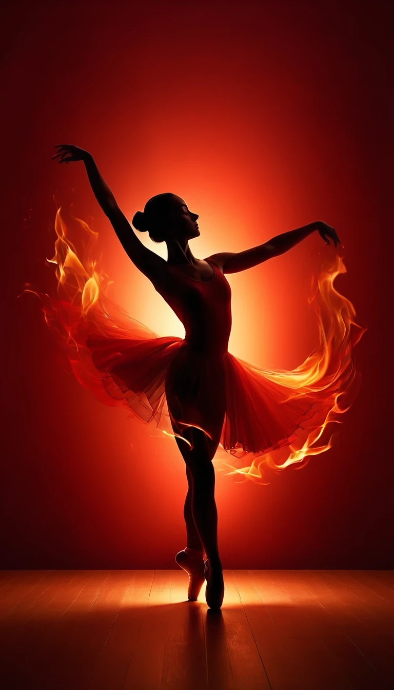 Vignetted Candle, red background, digital art style, simple lines
Silhouette of a ballet dancer dancing beautifully, flame dancing with the light simple lines, silhouette art, backdrop, illustration, red background, cartoon, solid color background, texture, candlelight, warm atmosphere, mysterious feeling, dancing in the light of a soft fire, showing the style of fire and light,double exposure
