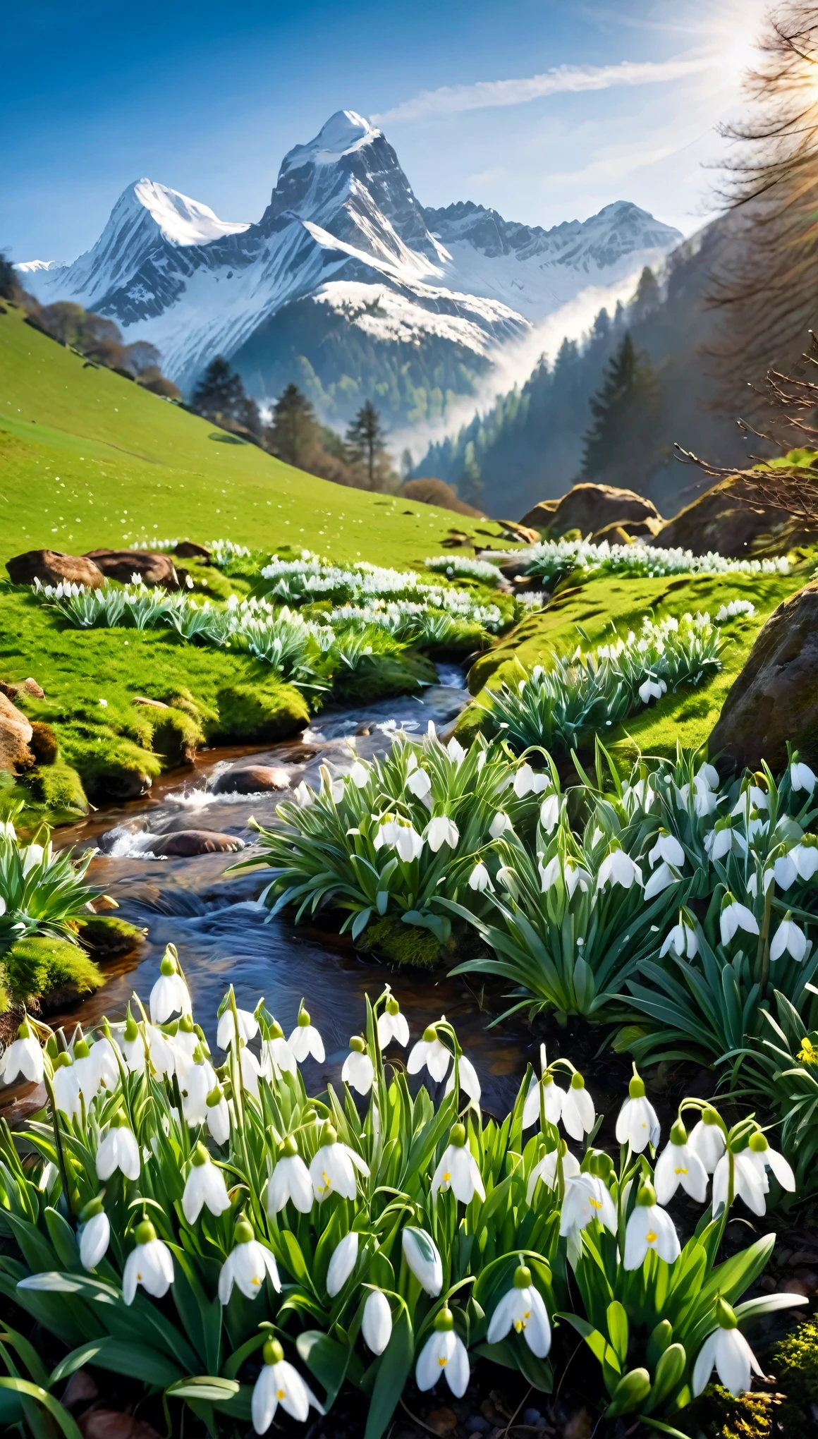 (masterpiece:1.2,best quality,realistic) majestic mountains, (beautiful view, vibrant colors), (snow-capped peaks), (lush greenery), (refreshing spring morning), (soft mist in the valleys), (blooming snowdrops), (peaceful atmosphere), (serene and calm), (crisp and clean air), (tranquility and serenity), (birds chirping), (clear blue sky), (gentle breeze), (sunlight filtering through the trees), (dramatic lighting), (impressive scale), (stunning landscapes), (captivating beauty), (awe-inspiring vistas), (sheer grandeur), (majestic mountain range), (imposing presence), (harmony with nature), (stunning details), (immersive experience), (deep sense of peace), (sense of wonder), (timeless beauty), (ethereal ambiance), (unforgettable sight), (mind-blowing panorama), (scenic beauty), (breathtaking view), (emotional connection), (artistic craftsmanship), (exquisite attention to detail), (impressive realism), (masterful brushstrokes), (meticulous composition), (unparalleled artistry), (immersive atmosphere), (visual feast for the eyes).