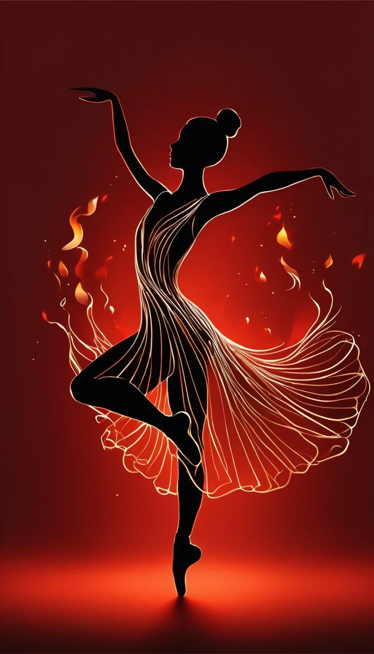 Silhouette of ballet dancer gradually generated by candle flame， red background, digital art style, simple lines
Silhouette of a ballet dancer dancing beautifully, flame dancing with the light simple lines, silhouette art, backdrop, illustration, red background, cartoon, solid color background, texture, candlelight, warm atmosphere, mysterious feeling, dancing in the light of a soft fire, showing the style of fire and light