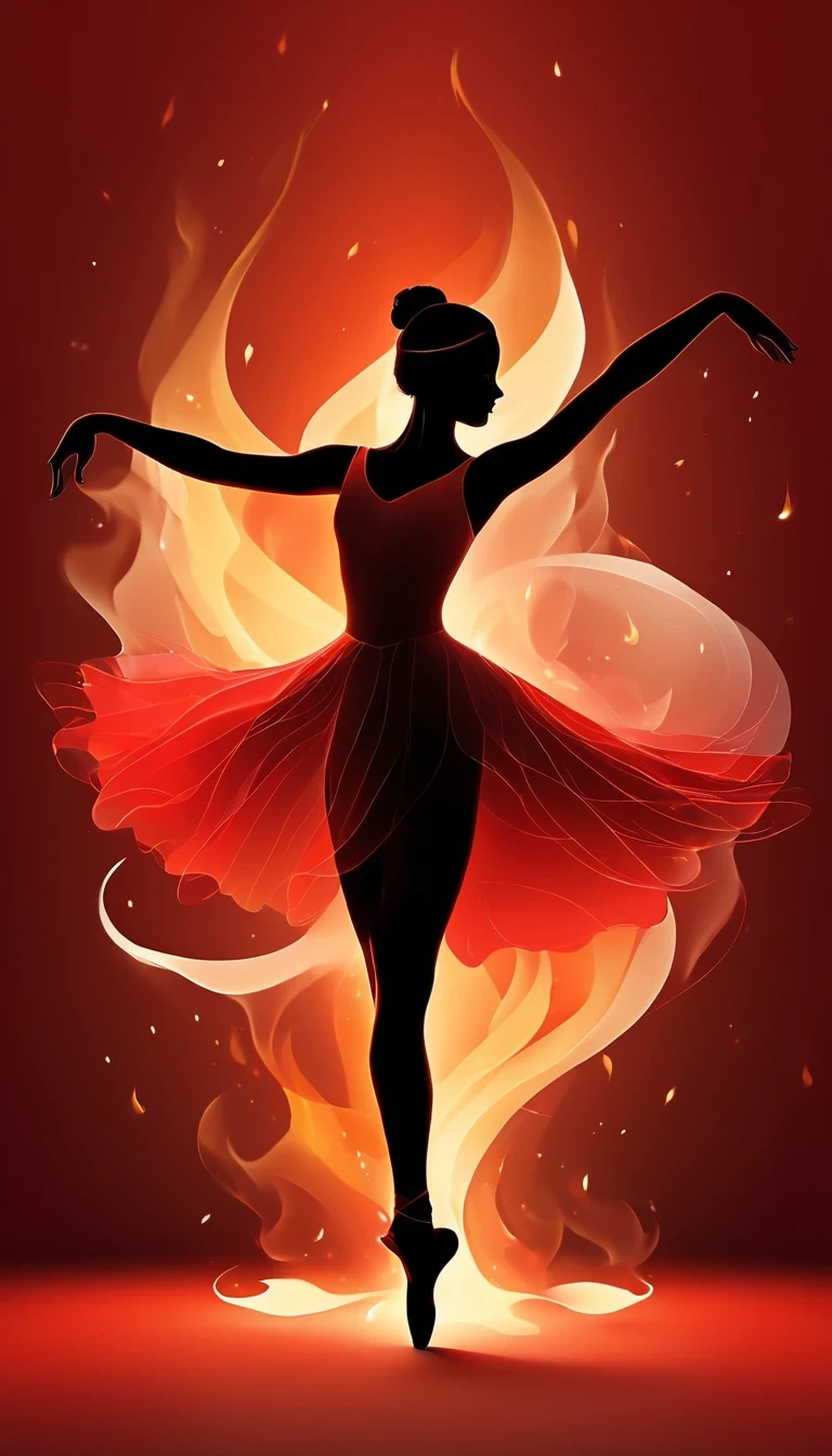 Silhouette of ballet dancer gradually generated by candle flame， red background, digital art style, simple lines
Silhouette of a ballet dancer dancing beautifully, flame dancing with the light simple lines, silhouette art, backdrop, illustration, red background, cartoon, solid color background, texture, candlelight, warm atmosphere, mysterious feeling, dancing in the light of a soft fire, showing the style of fire and light