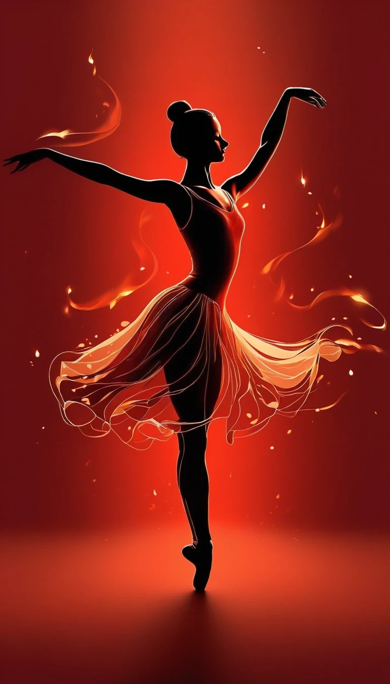 Candle, red background, digital art style, simple lines
Silhouette of a ballet dancer dancing beautifully, flame dancing with the light simple lines, silhouette art, backdrop, illustration, red background, cartoon, solid color background, texture, candlelight, warm atmosphere, mysterious feeling, dancing in the light of a soft fire, showing the style of fire and light