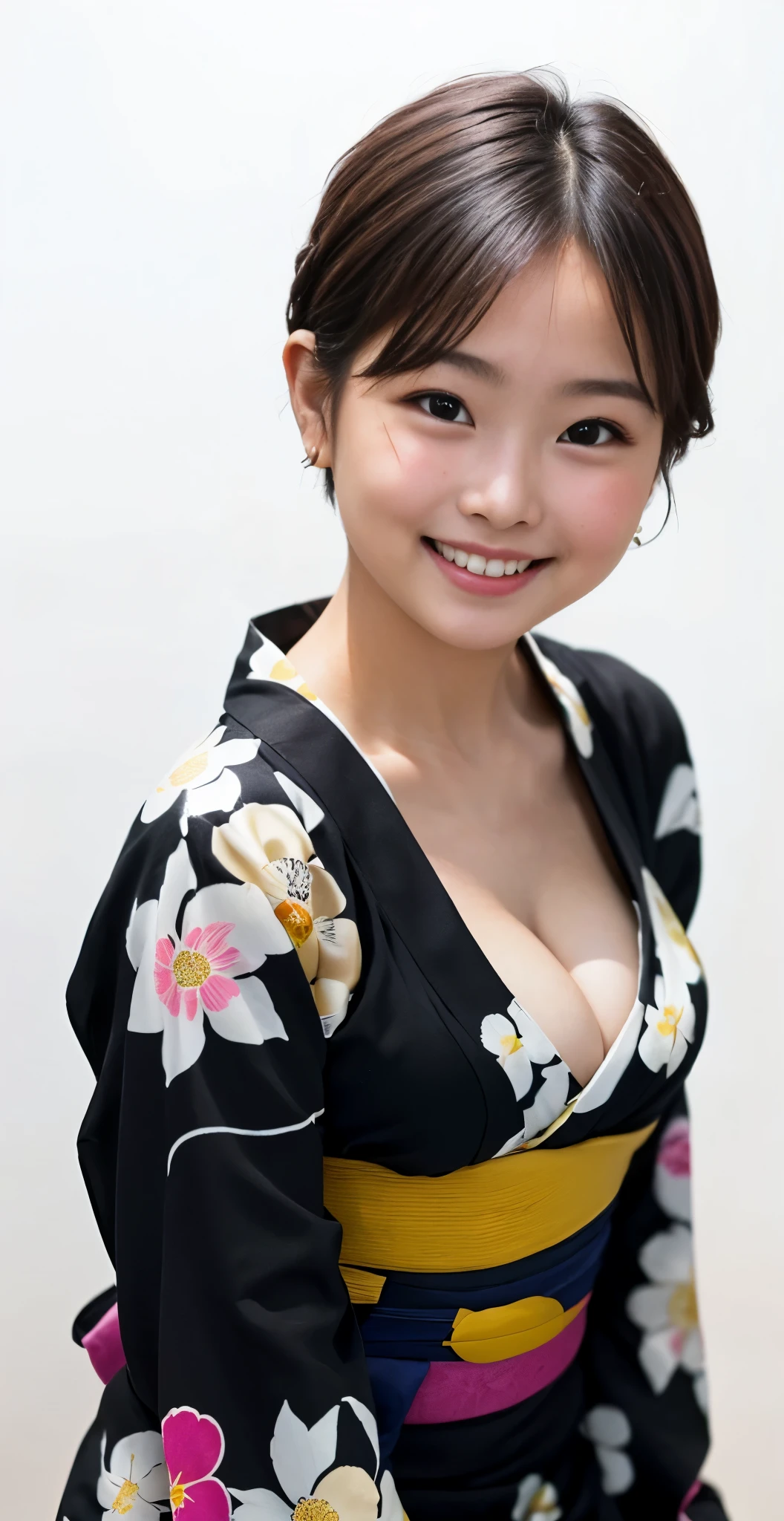 （8K、Raw photography、highest quality、masterpiece：1.2),(black haired、very short hair:1.8),(twin mitsu braid:1.4)、show viewer,Looking at the front,erotic,white skin,(She is wearing a brightly colored yukata with a colorful floral pattern. 。.:1.7)、()、(Clothing that emphasizes the shape of your chest、exposing skin:1.8)、(big breasts :1.7)、slim body shape、ultra high resolution,beautiful,beautiful fece,(alone、no background:1.9),whole bodyボディー,japanese woman,（Photoreal：1.37）、photon mapping,reality、(-faced and cute: 1.3)、(cute smile: 1.7)、(With a round face: 1.7)、radio city、Physically based rendering、depth of field rally background、photograph, (I can see your knees、spread your legs wide、close up of thighs:1.5),whole body、super fine