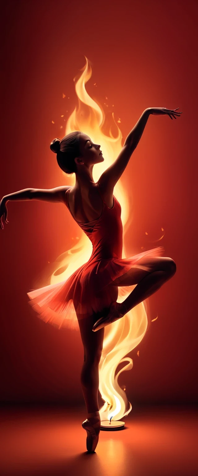 Candle, red background, digital art style, simple lines
Silhouette of a ballet dancer dancing beautifully, flame dancing with the light simple lines, silhouette art, backdrop, illustration, red background, cartoon, solid color background, texture, candlelight, warm atmosphere, mysterious feeling, dancing in the light of a soft fire, showing the style of fire and light